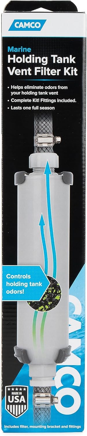 Camco Marine Holding Tank Vent Filter Kit | Easy Install | Features granular Activated Carbon (GAC) for Maximum Odor Control (50190), Gray