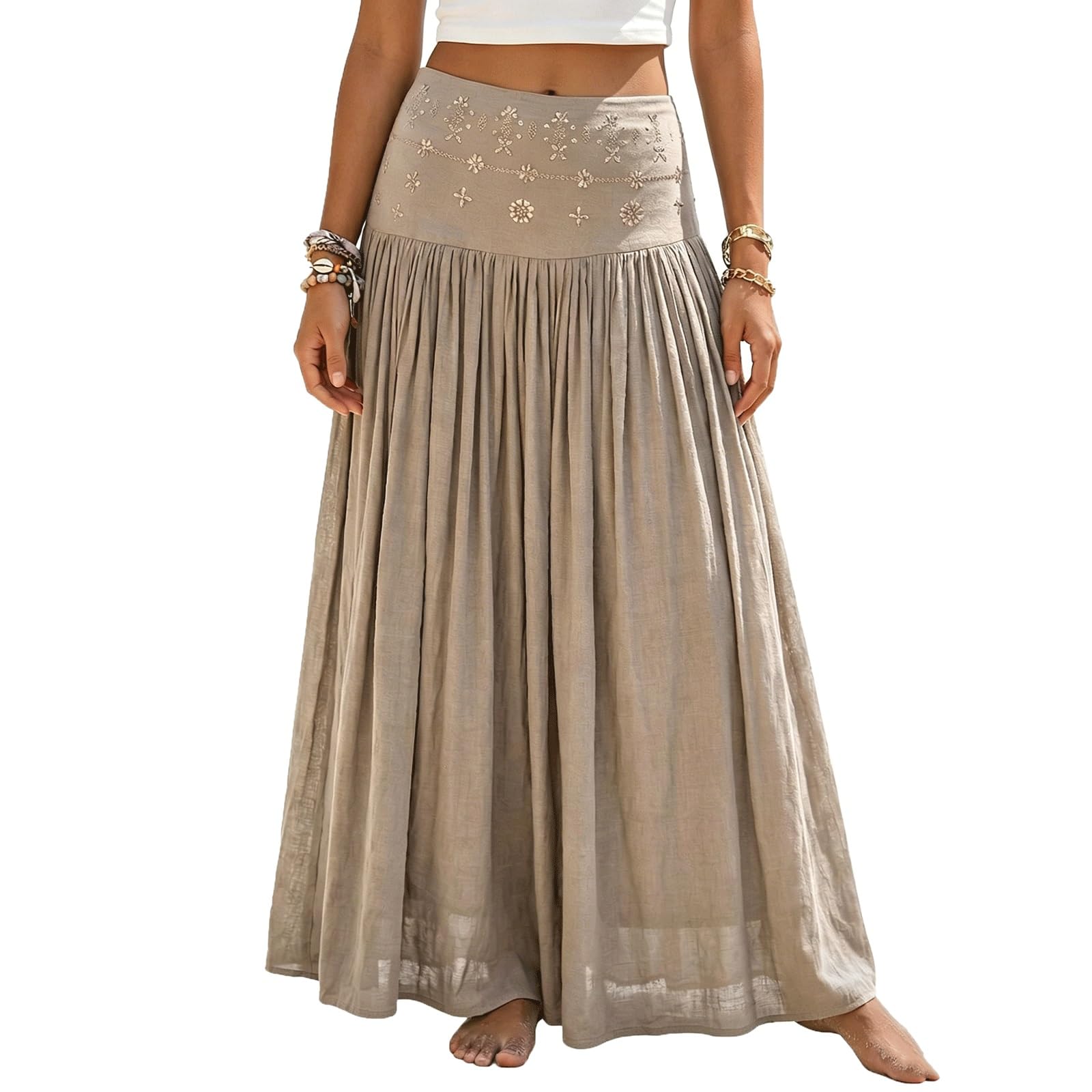UYHBCNQD Women's Maxi Skirts Solid Color Midi Long Skirt Rhinestone Decor(Light Khaki,Lagre)