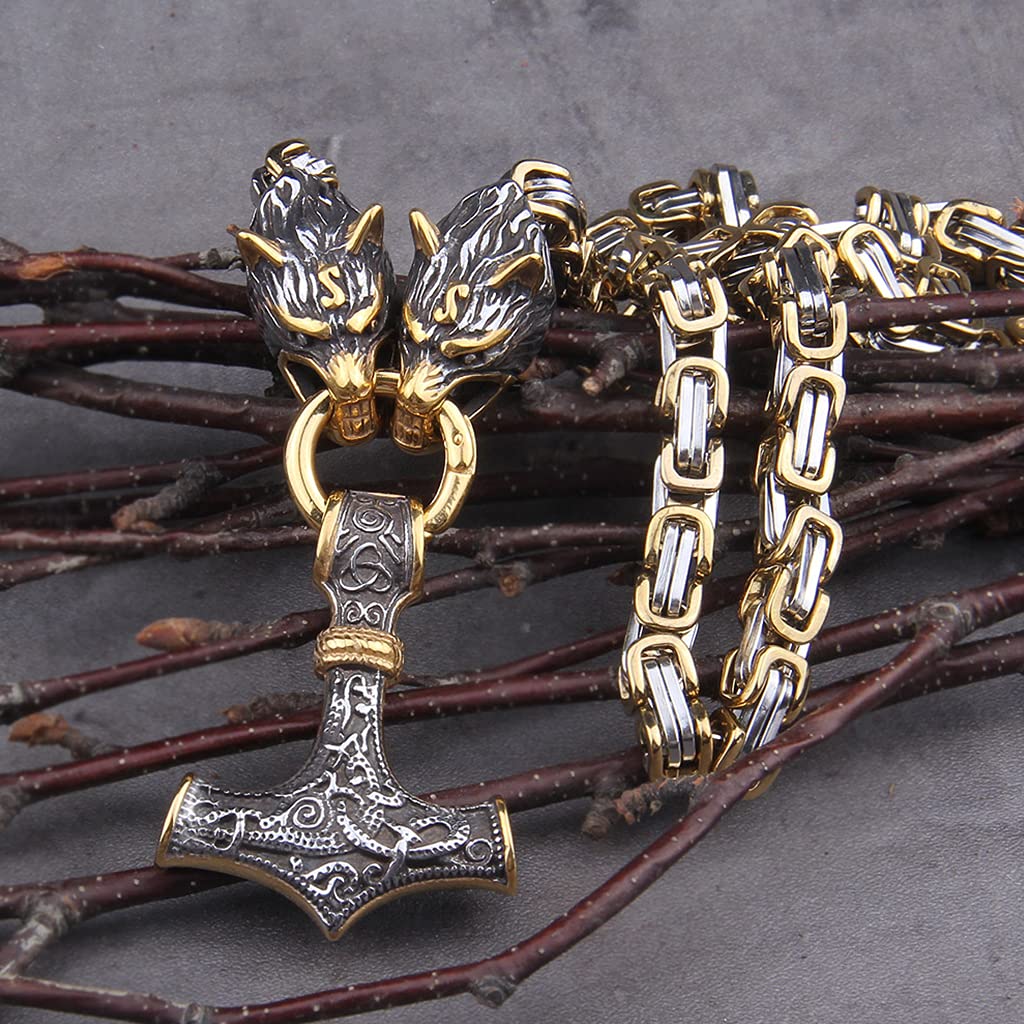 YABEME Thors Hammer Mjölnir Halskette, Nordic Viking Celtic Pagan Amulett Anhänger Schmuck, Herren Edelstahl King Chain Fenrir Wolf Head Link