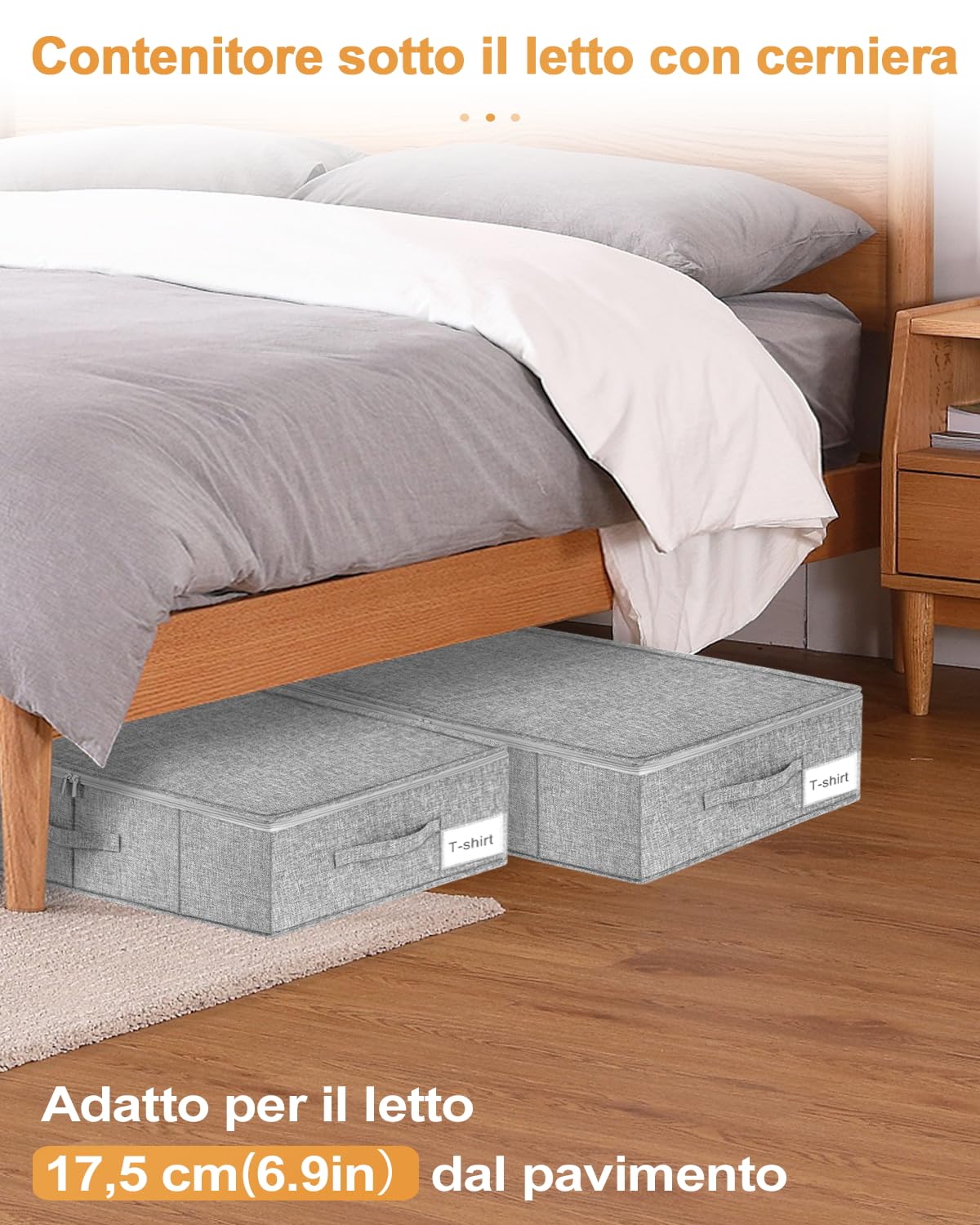 mepure 2 Pezzi Contenitori Sottoletto Rigido, 50L Scatole Sotto Letto Contenitore con 3 Maniglie e Cerniera, Tessuti Scatole di Pieghevole Utilizzato per Armadio Coperta Vestiario Piumoni, 76x38x17cm