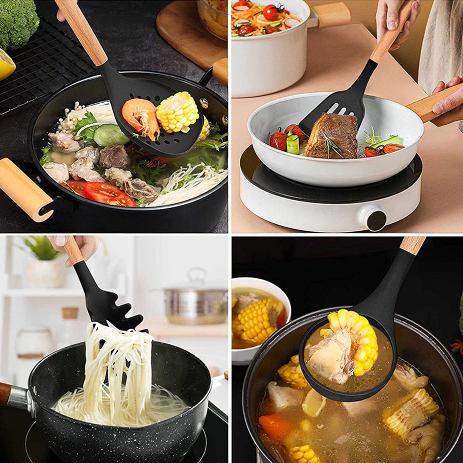 Set di utensili da cucina, 12 pezzi, in silicone, con manico in legno, spatole termiche per utensili antiaderenti
