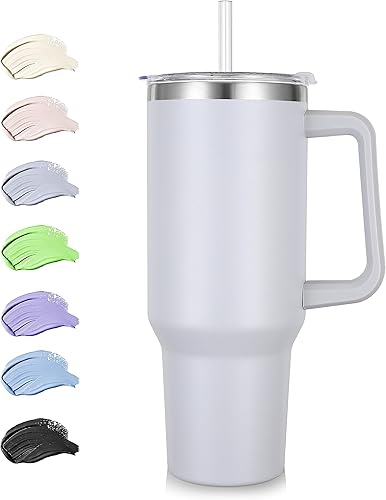 Vaso de 40 onzas con asa y pajita, vaso de acero inoxidable aislado con tapa 2 en 1, taza de café de viaje con doble vacío, paquete de niebla 1