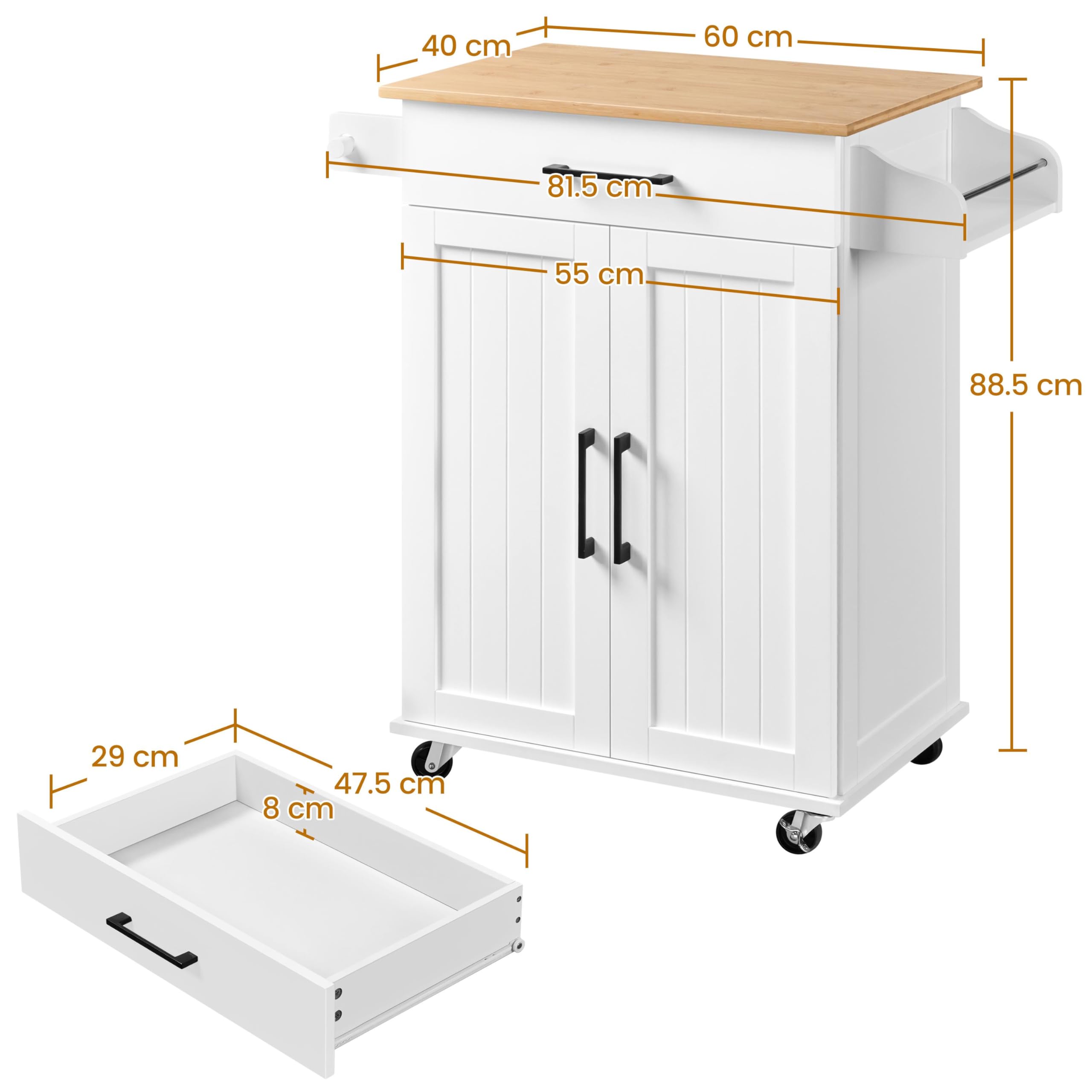Yaheetech Carrello da Cucina con Ruote Credenza Salvaspazio per Microonde con Cassetto e 2 Ante per Cucina Dipensa o Bar 60 x 40 x 88,5 cm Bianco
