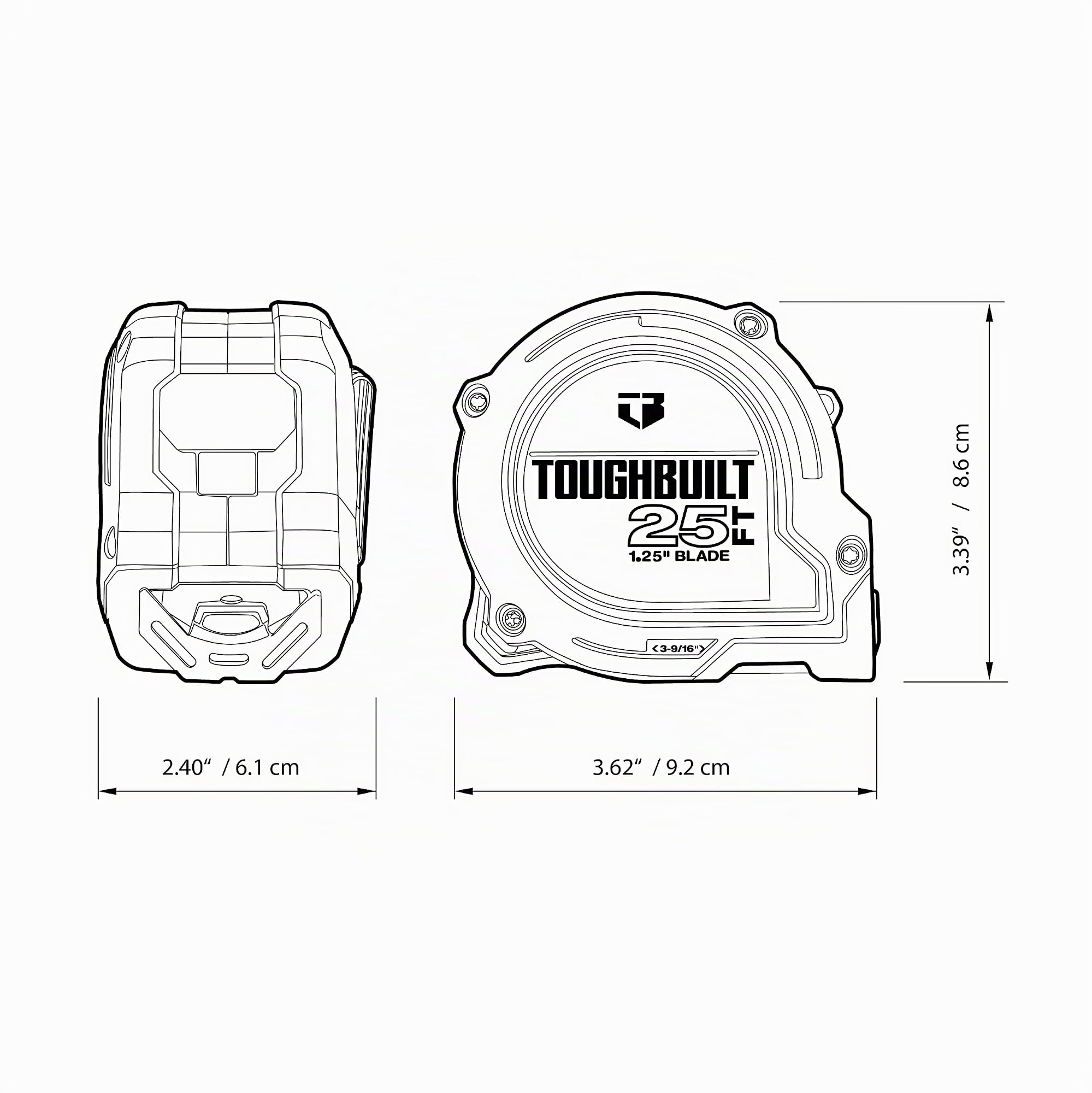 ToughBuilt - Mètre à ruban ProBlade™ de 7,6 m avec fonctions de contrôle de la lame, lame de 3,2 cm de largeur facile à lire avec marquages double face à contraste élevé – (TB-H2-T-12225)
