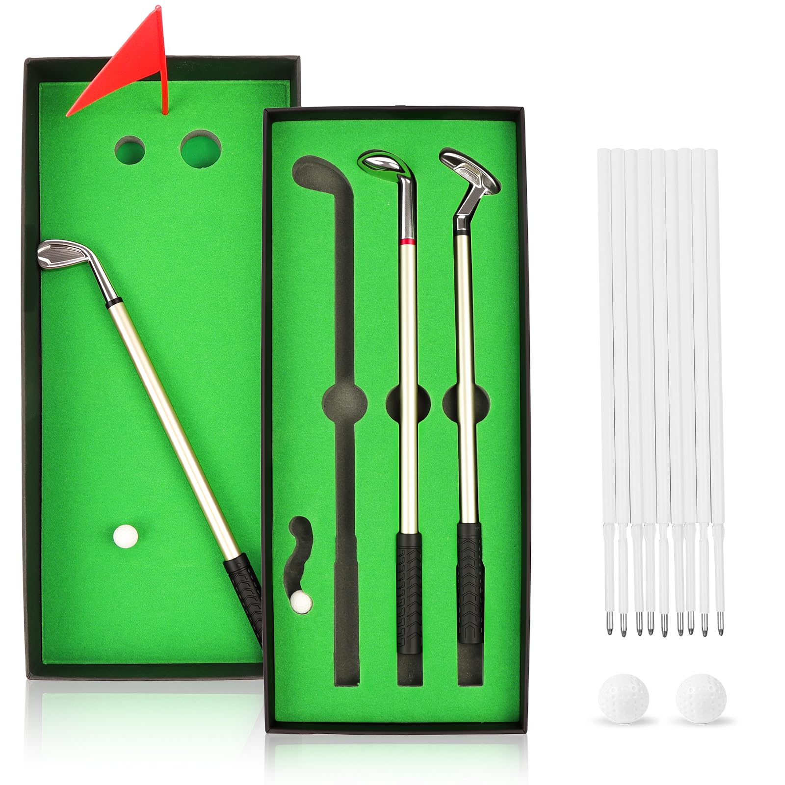 Golf Pen Set with Flag, Mini Golf Club Pen, 3 Pen Holders, 4 Balls, 9 Refills
