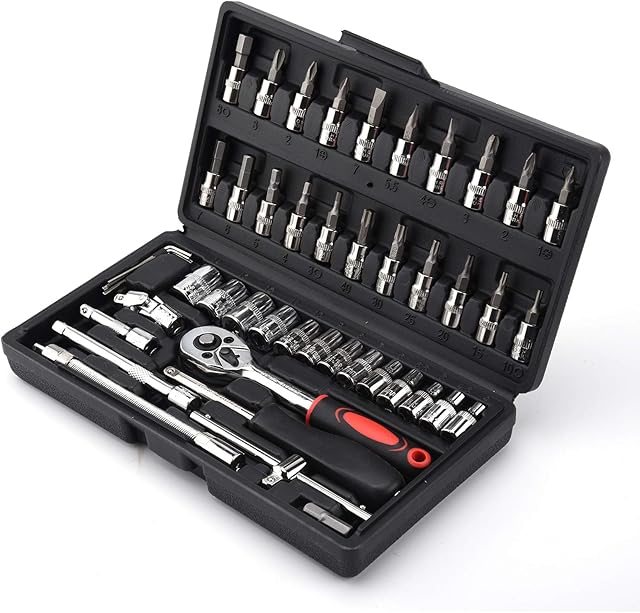 SOSPIRO 46 Piece 1/4 inch Socket Wrench Set Metric Tool Kit with Wrench Handle Chrome Vanadium Ratchet Screwdriver Socket Set for Car Motorcycle Repair