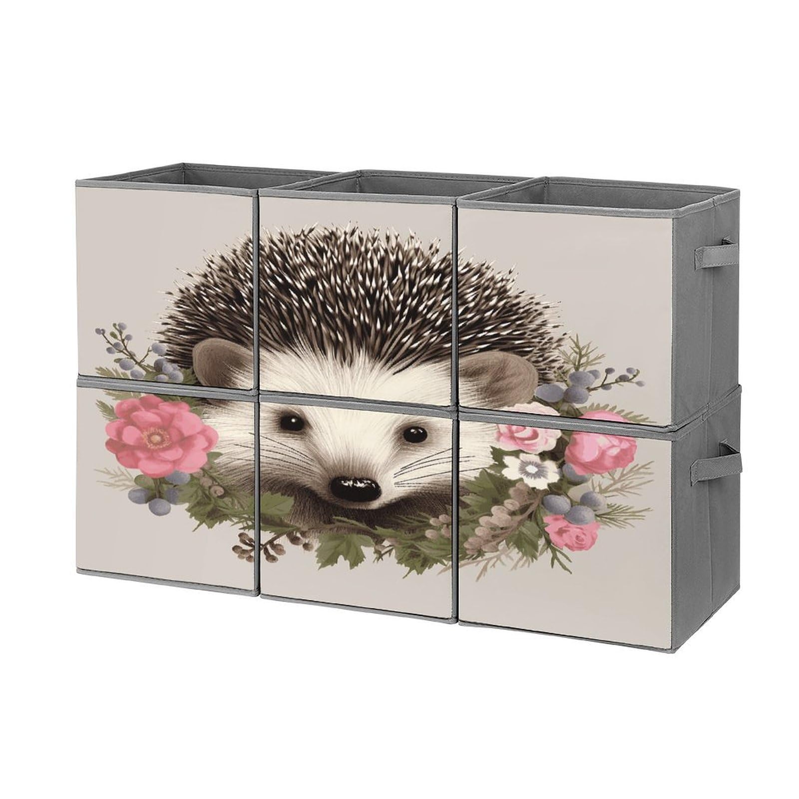 Btcowzrv Style Hedgehog In Floral Wreath Storage Cubes, 6 Pack Oxford Fabric Foldable Collapsible Bins With Handles, Cubby Storage Baskets Boxes For Closet Shelves Office Organization
