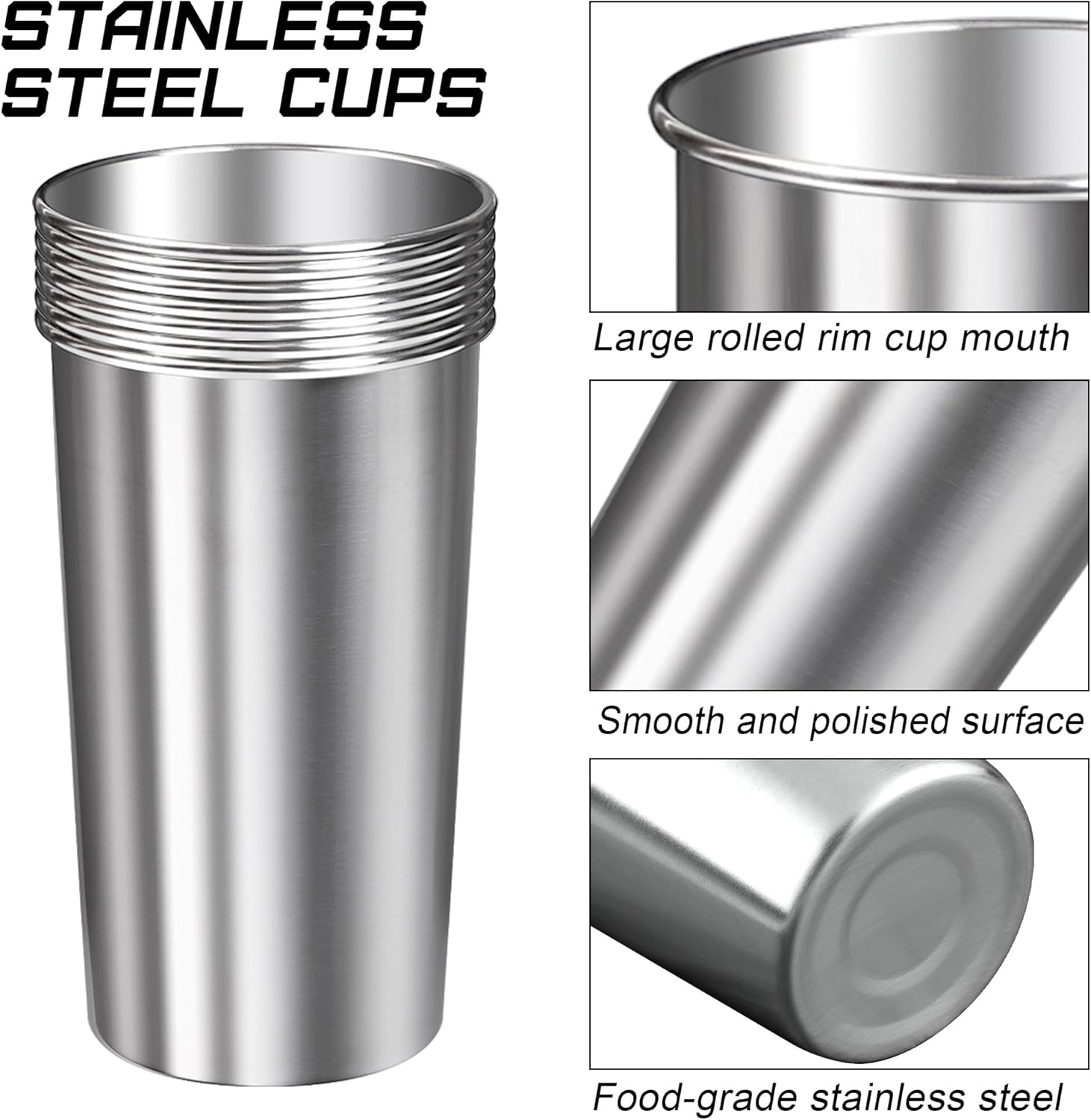 Ruisita 6 Pack 20 oz Stainless Steel Cups Metal Shatterproof Stackable Pint Drinking Cups for Adults or Kids (20 oz/600 ml) - Image 3