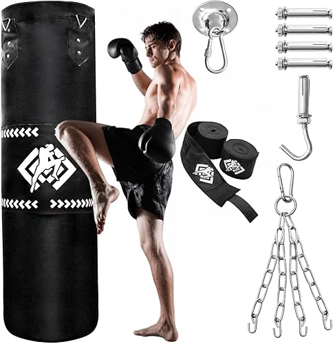ZOOFOX Saco de boxeo para adultos, bolsa pesada de 4 pies con cadenas y envolturas de mano para principiantes, bolsa de boxeo 5 en 1 para