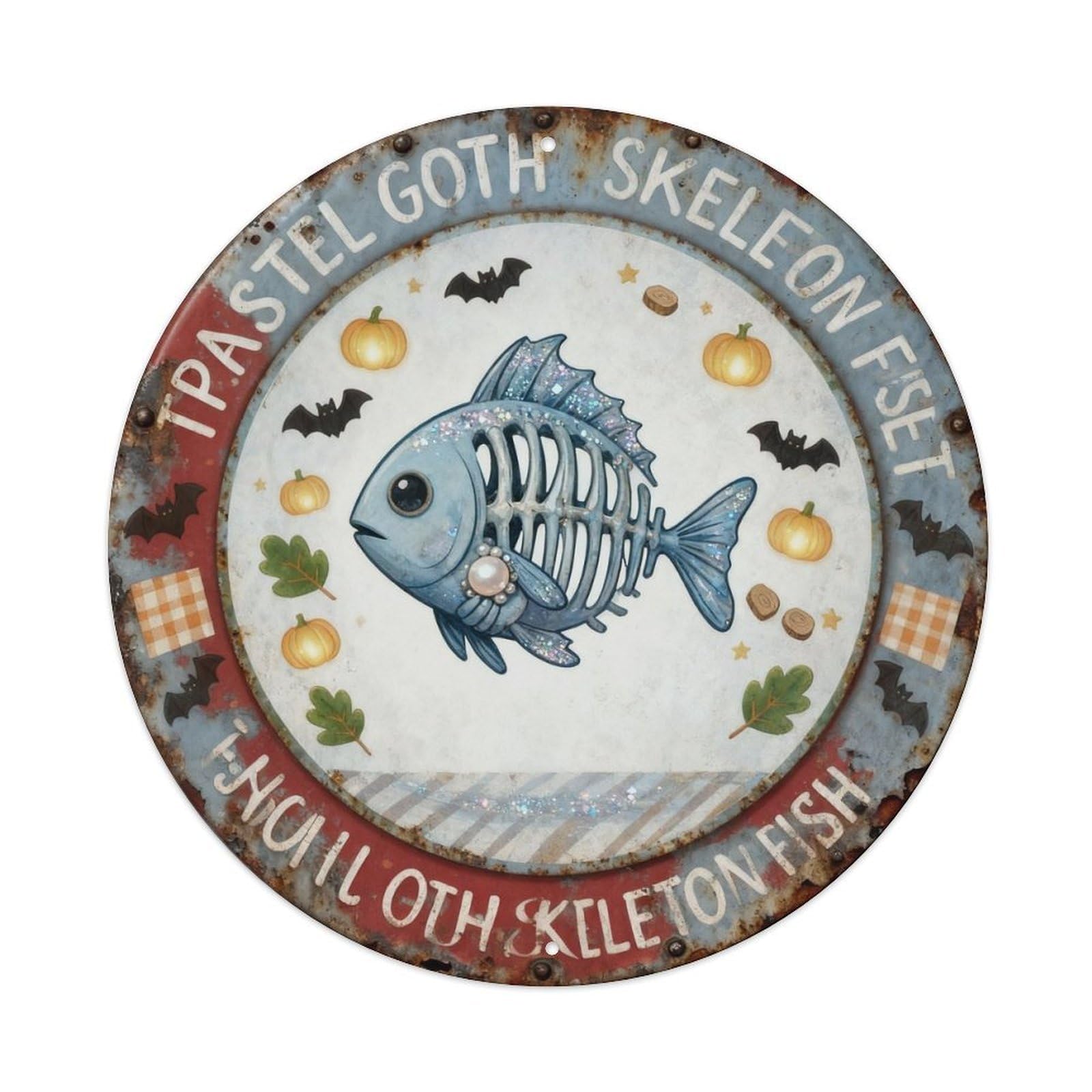 Pastel Goth Skeleton Fish Metal Tin Sign Plaque