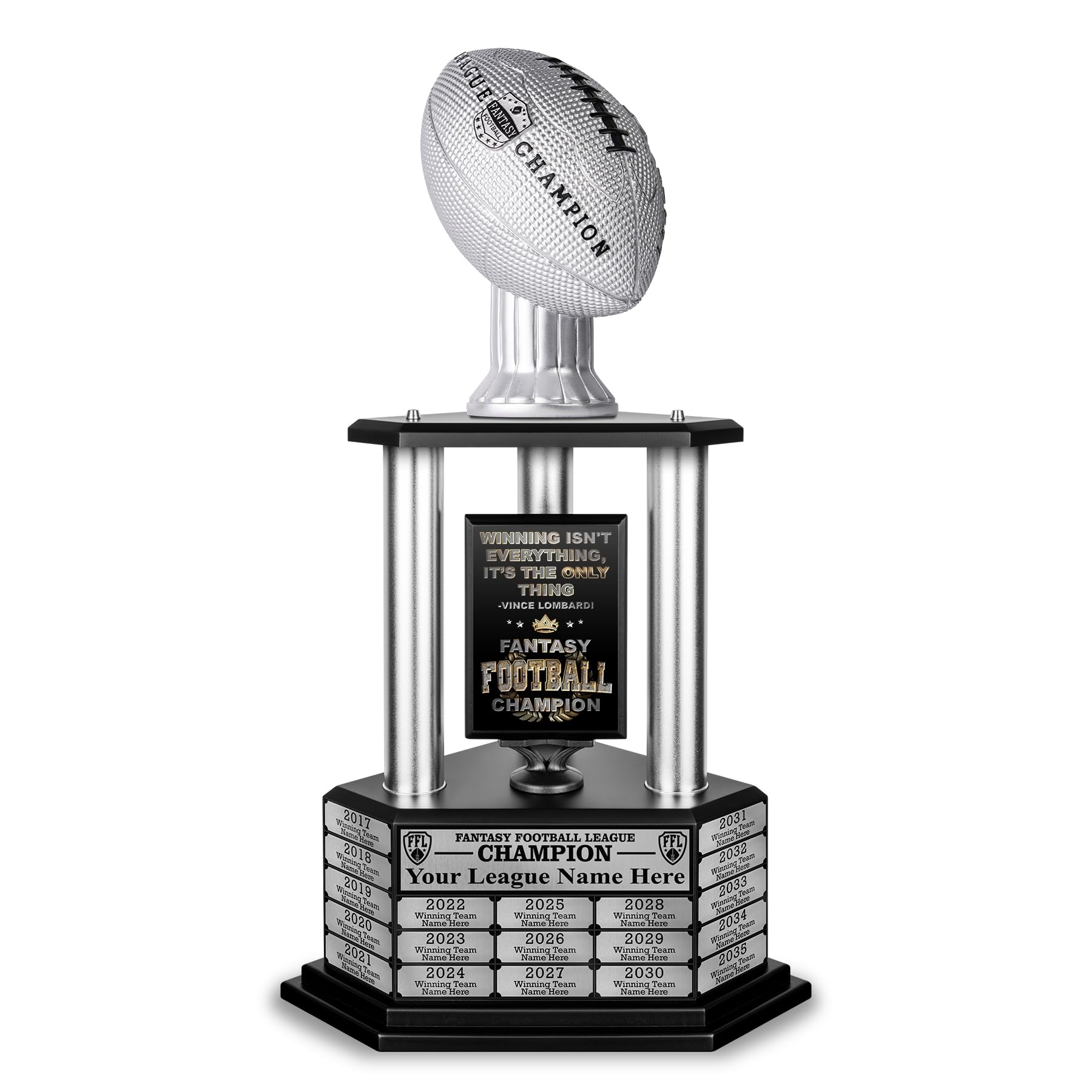Photo 1 of TrophySmack Perpetual Fantasy Football Trophy - Customizable Championship Trophy Award Winner | Engraving Included up to 19 Years Past Winners | 26-56 Inch Tall (Vivid Silver) 26" Silver Columns