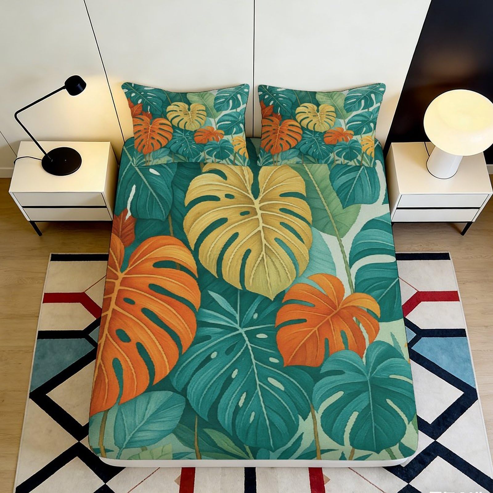 3D Printed Tropical Leaf Fitted Sheet Microfiber Soft Breathable Botanical Mattress Cover for Bedroom Dormitory Guest Room Mattress Protection 140x200x25cm
