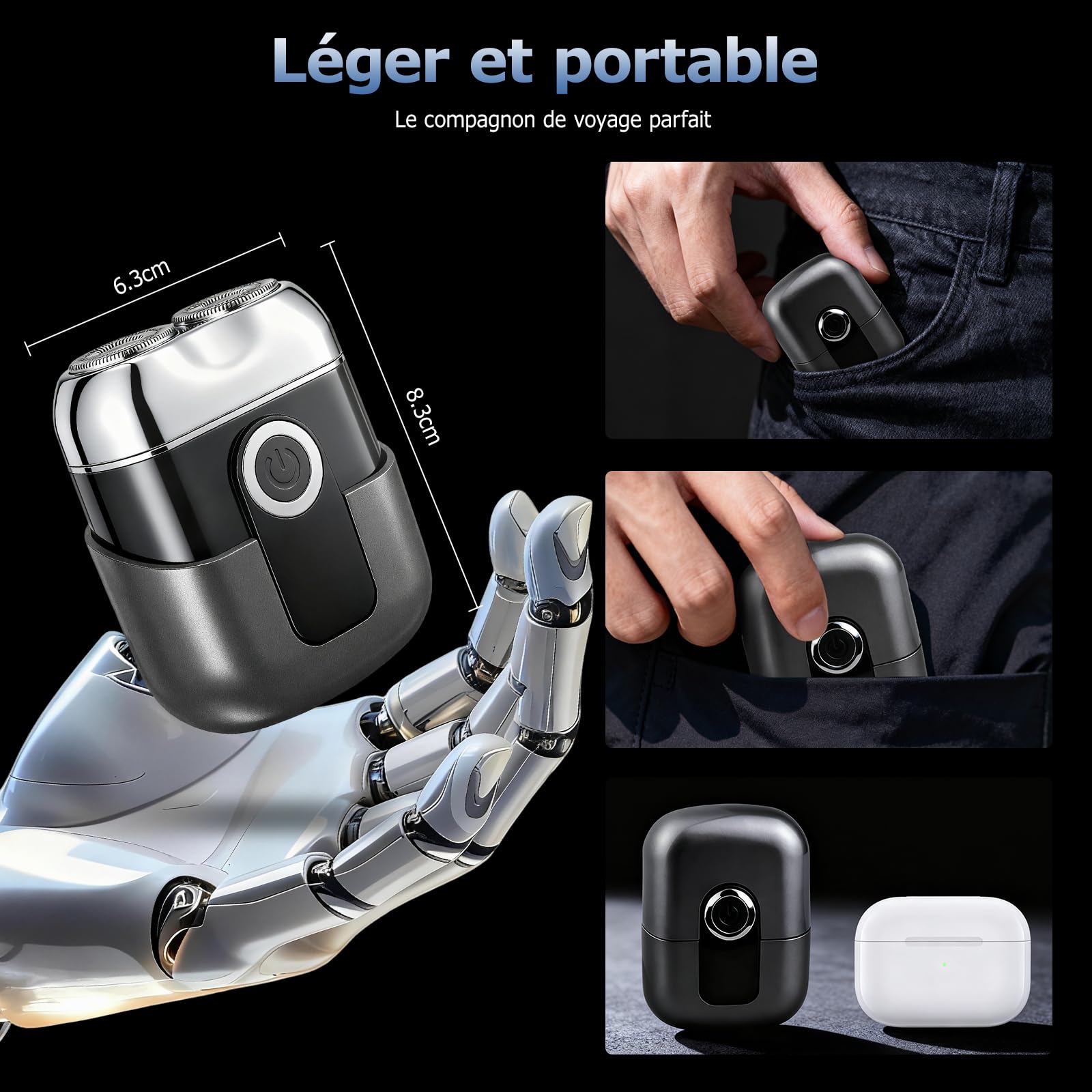 Mini Rasoir Électrique Homme - Rasoir de Voyage Étanche IPX6 avec Écran LED, USB-C Rapide, Double Tête, Silencieux & Portable - Gris