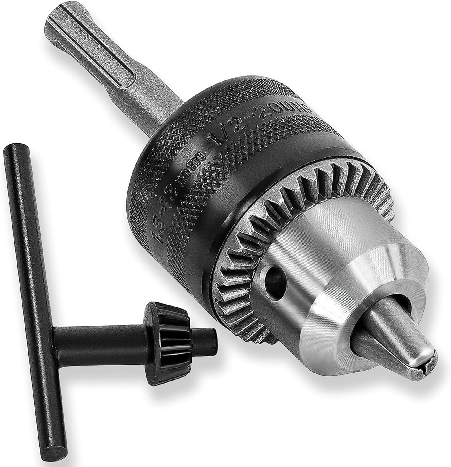 Drill Chuck, 0.06 - 0.5 inches (1.5 - 13 mm), SDS Plus Rotation Chuck, 1/2 - 20 UNF (12.7 mm), Metal Key Included, For Drilling, Polishing, Impact Drivers, Adapter Conversion Tool