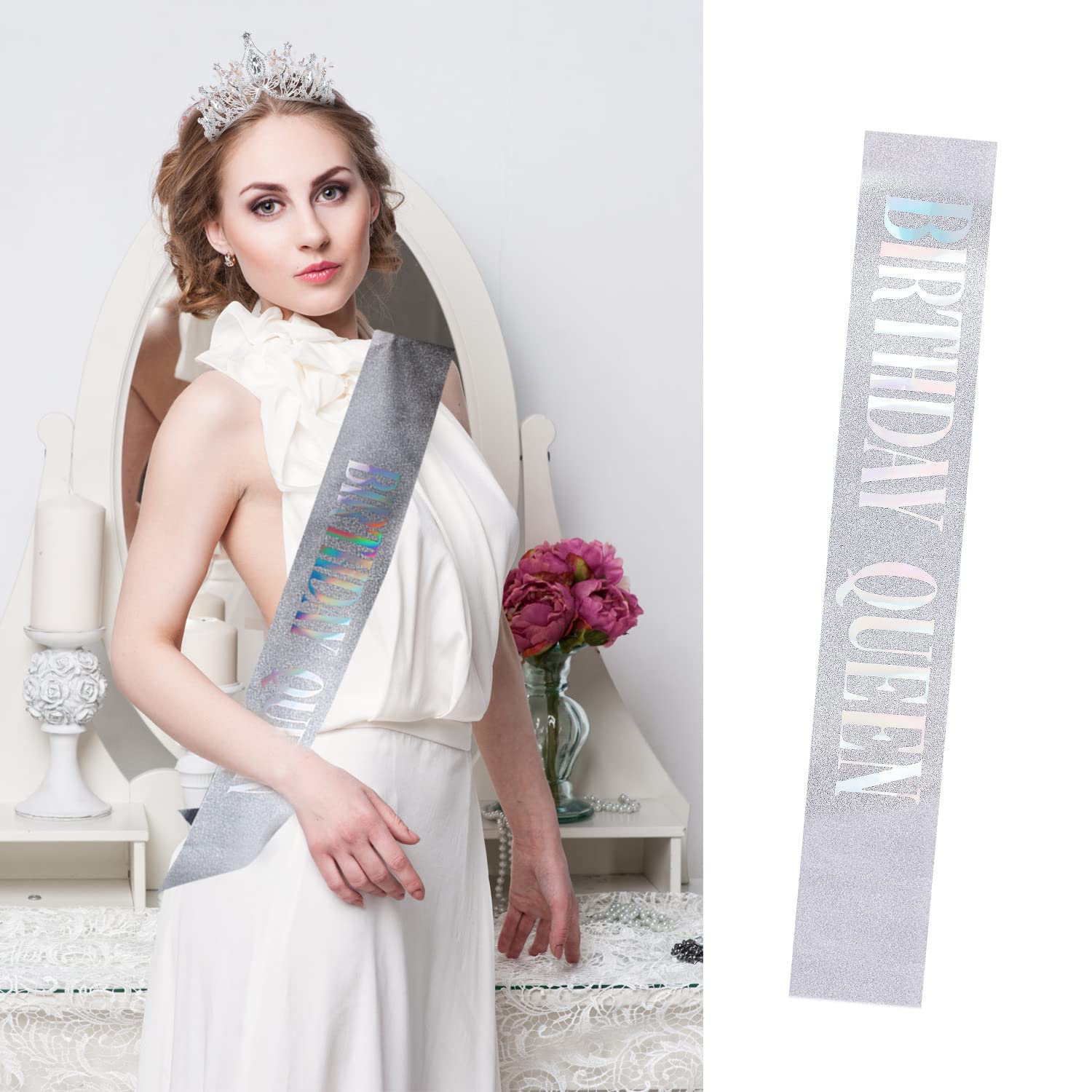 Tiara Di Compleanno Per Donna Con Strass AB E Fiori - Diadema Regina Con Fascia, Corona Per Compleanno, Matrimonio E Feste, Diametro 12,7cm