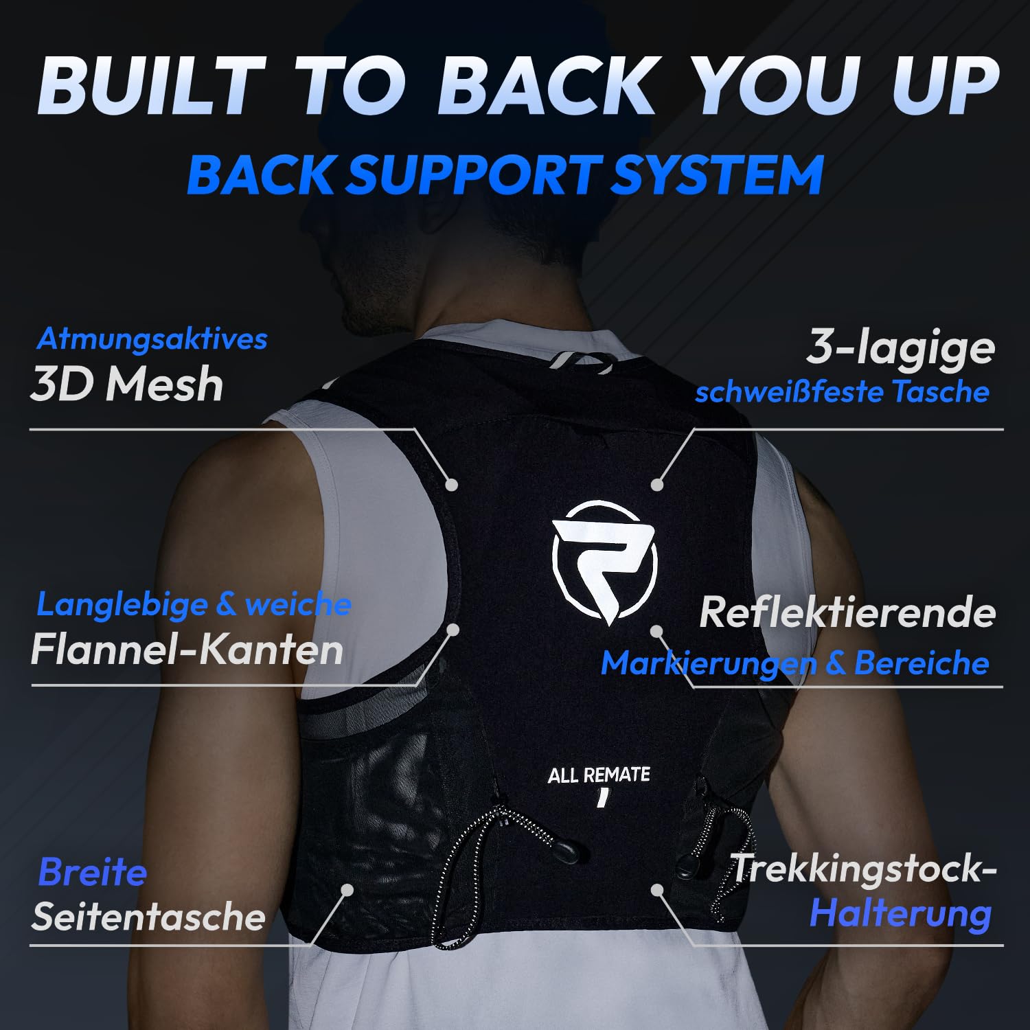 Cruiser Mountain Trailrunning-Weste für lange Strecken, 11 Taschen 6 Riemen Wanderrucksack mit Trinkflasche & Signalpfeife