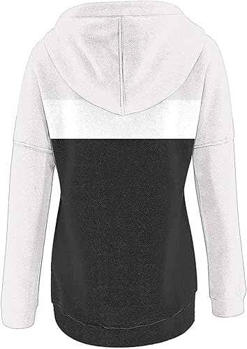 Miniatura 3 de Sudaderas casuales con capucha para mujer, con bloques de color, manga larga, con botones, cordón y bolsillo