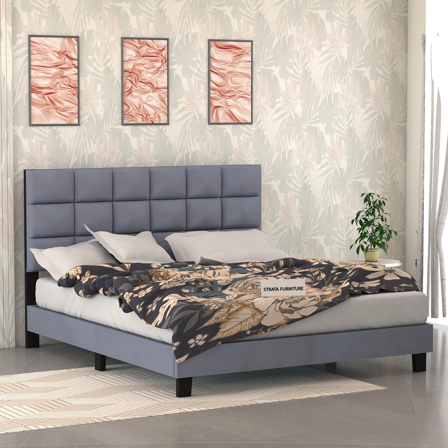 STRATA FURNITURE Sheesham Wood Queen Size Bed Cot Without Storage Upholstered Double Bed for Bedroom Living Room Home (Candler Grey Finish) (B0D93P1CZP) Amazon Price History, Amazon Price Tracker