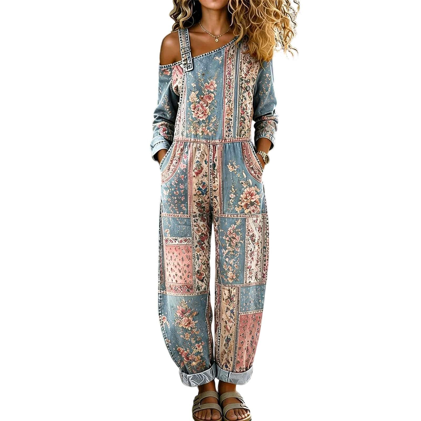 Jeans Jumpsuit Damen Sommer Latzhose Vintage Boho Overall Bunte Wide Leg Hosen