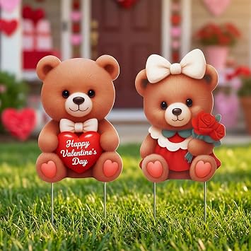2 Pcs Valentine Metal Yard Signs Valentine Decorations Outdoor 3D Couple Bear Yard Signs Decorative Garden Stakes Bear Hearts Rose Lawn Decorations for Spring Decor Lawn Pathway Garden