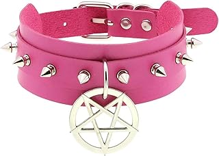 Collar de Pentagrama Colgante de Doble Capa con Remaches de Clavo Puntiagudo de Poliuretano, Estilo Discoteca, Color Rosa