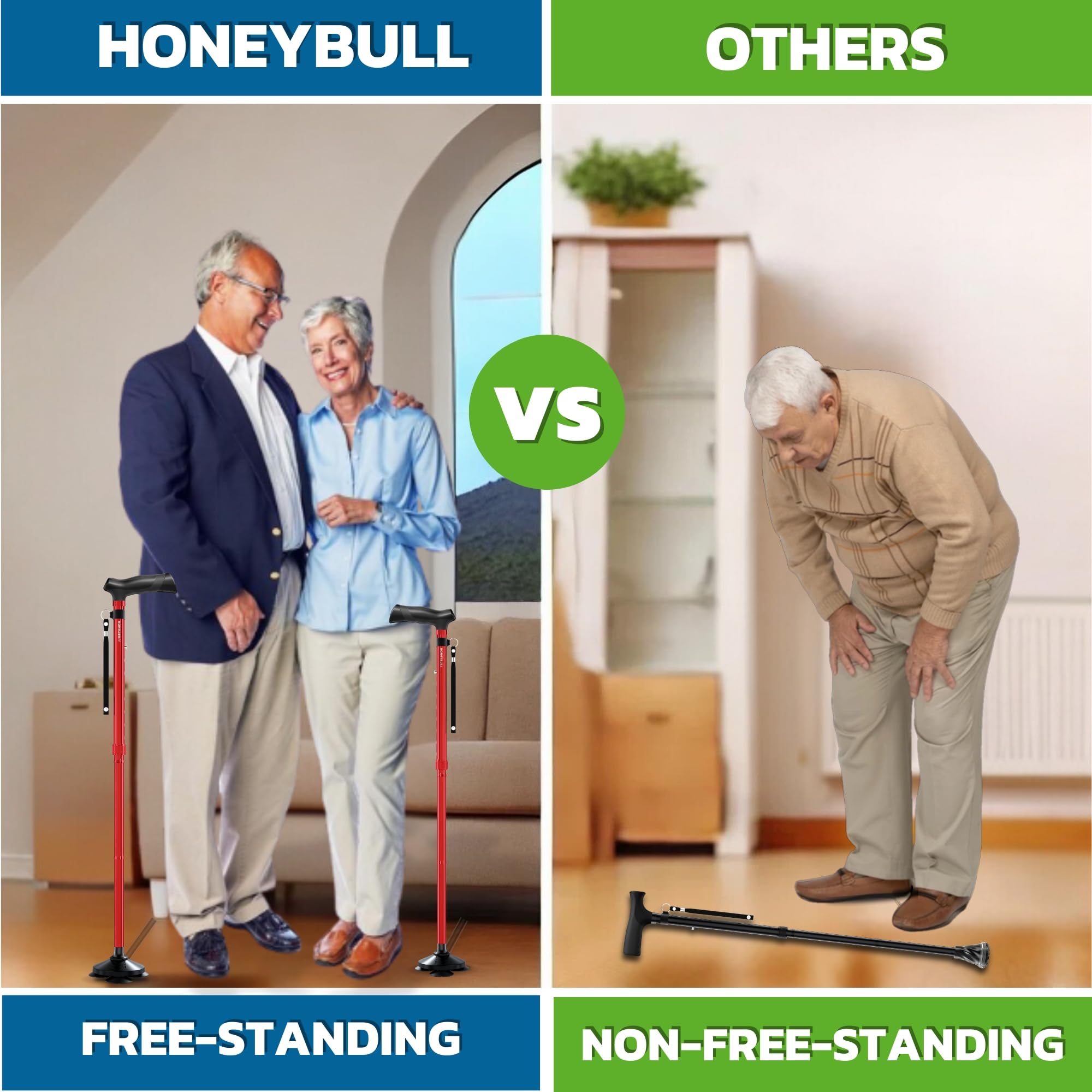 HONEYBULL Walking Cane for Men & Women Foldable, Adjustable, Heavy Duty, Free Standing, All Terrain, Collapsible Walking Sticks for Seniors & Adults