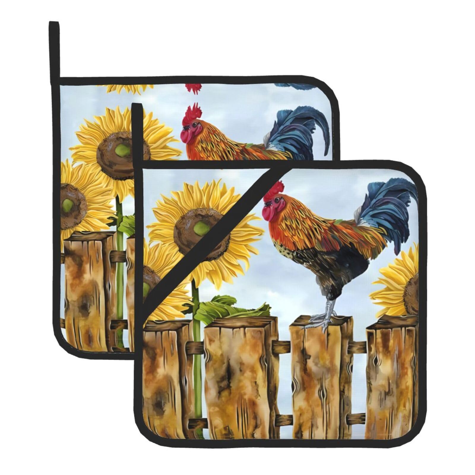 WHJSHOP Vintage Sunflower Rooster Prints Square Hot Pads for Kitchen Counter - Thick Heat Resistant Trivets for Microwave & Oven, BBQ Grilling Cover (2 Pack)