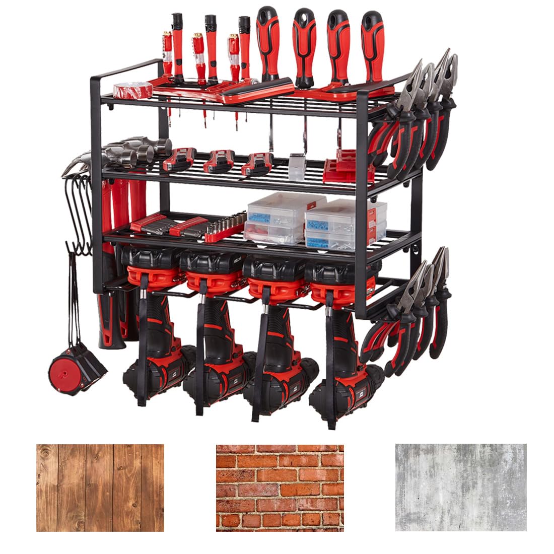 Power Tool Organizer, 4 Layers Heavy Duty Metal Tool Shelf, Drill Holder Wall Mount, Utility Storage Rack for Cordless Drill Charging Station Screwdriver, black