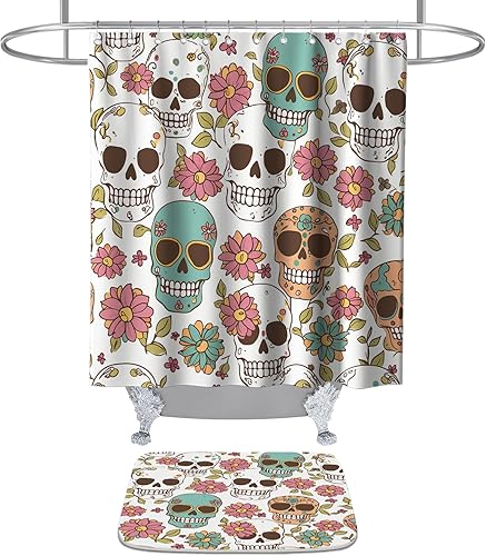 TheBlackSpot Juego de cortinas de ducha con diseño floral de calavera de azúcar de 72 x 72 pulgadas con alfombra de baño de Halloween de espuma