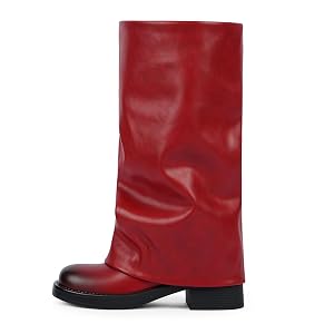 Modatope Fold Over Boots Women Knee High Boots Low Block Heel Slouchy Tall Boots Zipper Square Toe Dress