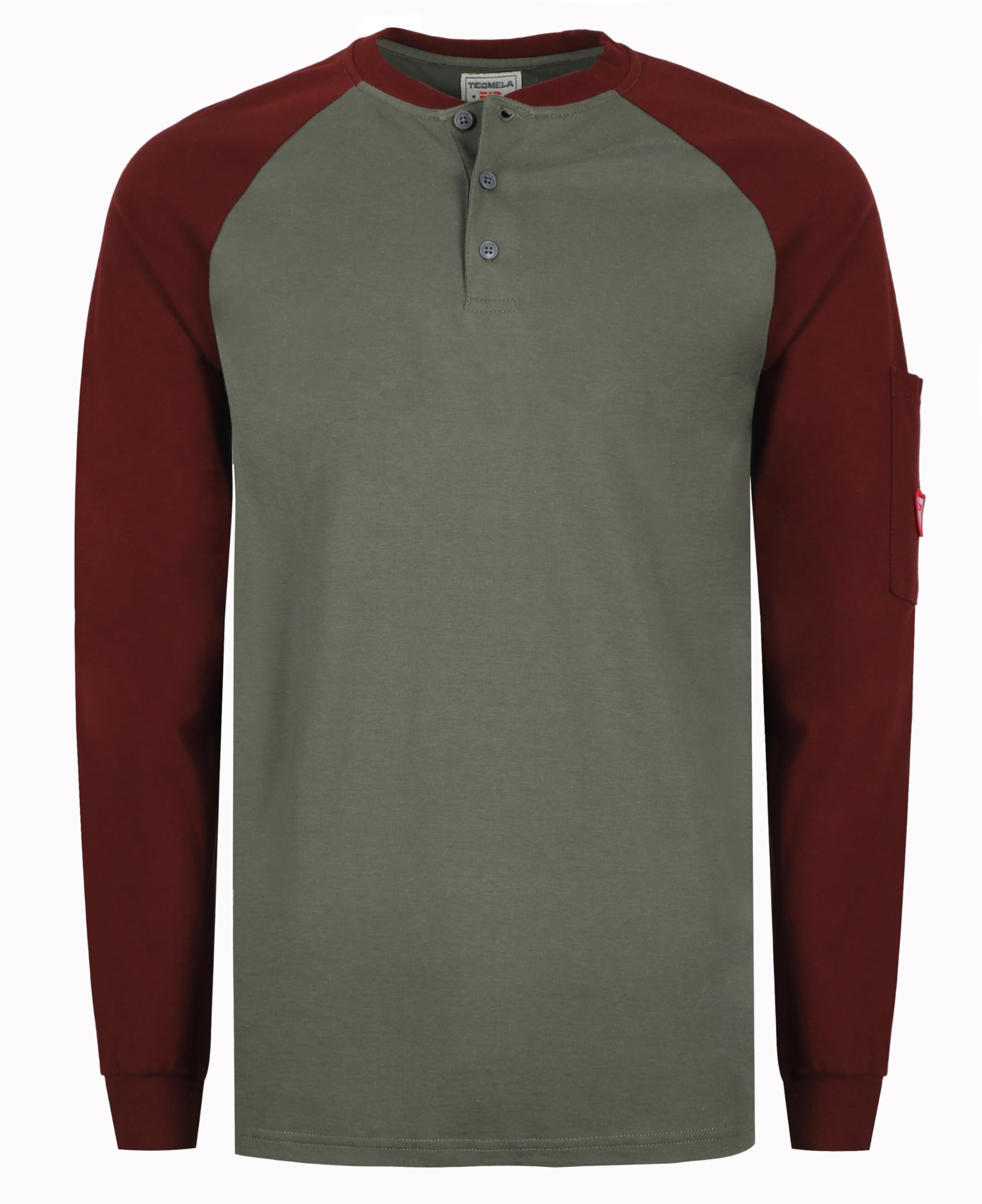 TICOMELA FR T Shirt Flame Resistant Shirt 5.5oz Light Weight Two Tone Gray/Maroon Men's Long Sleeve Henley Shirt