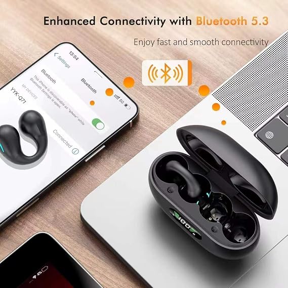 Open Ear Bone Conduction Headphones Bluetooth 6.1 Wireless Clip On Earbuds | Digital Display Charging Case 60 Hours Playtime Sport Earphones Built-in Mic IPX7Waterproof for Running Fitness Exercise
