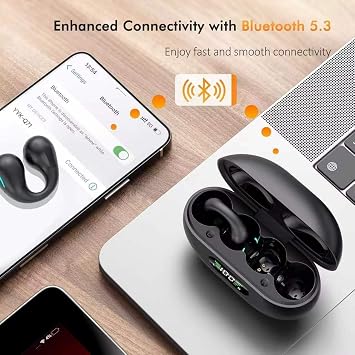 Open Ear Bone Conduction Headphones Bluetooth 6.1 Wireless Clip On Earbuds | Digital Display Charging Case 60 Hours Playtime Sport Earphones Built-in Mic IPX7Waterproof for Running Fitness Exercise
