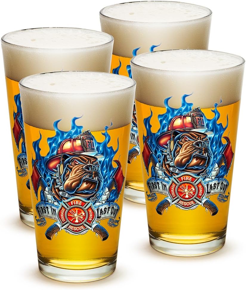 Erazor Bits Firefighter Fireman - First In last out - Classic Premium Beer Pint Glasses 16 Ounce - Set of 24 - Highball Cocktail Mixing Glass - Perfect for Cold Beverages - With Logo
