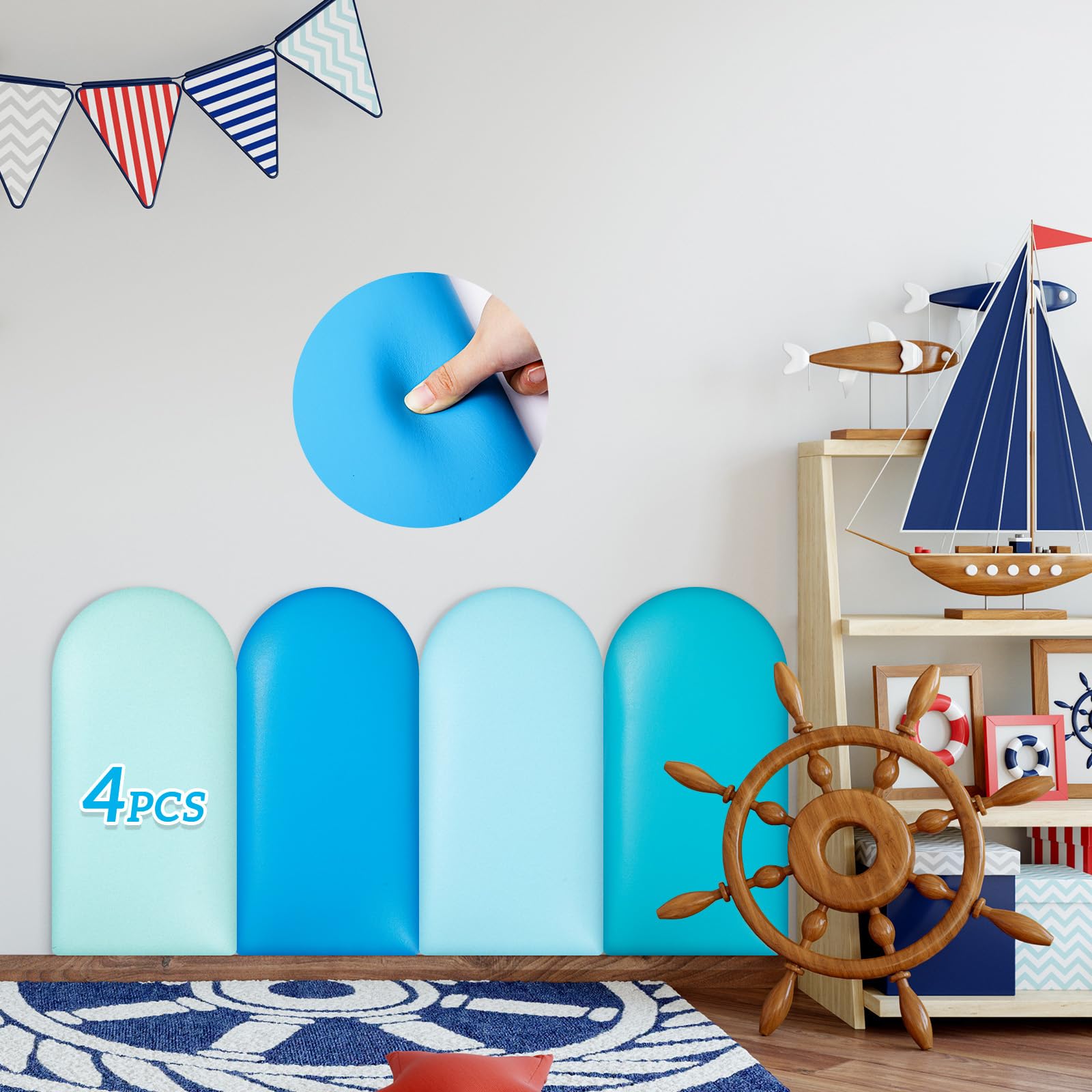Jetec 4 Pcs Wall Padding for Kids Room, 15.75'' x 7.87'' Blue 3D Padded Wall Panels, Anti-Collision, Peel & Stick Crib & Playroom Protector