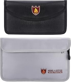 Fireproof Money Bag, 2 Pack Safe Zipper Bags, Document Bag Safe Fireproof Waterproof Fireproof Document Box Money Bag for Passport, Valuables, Cash,Important Documents (Black & Grey)