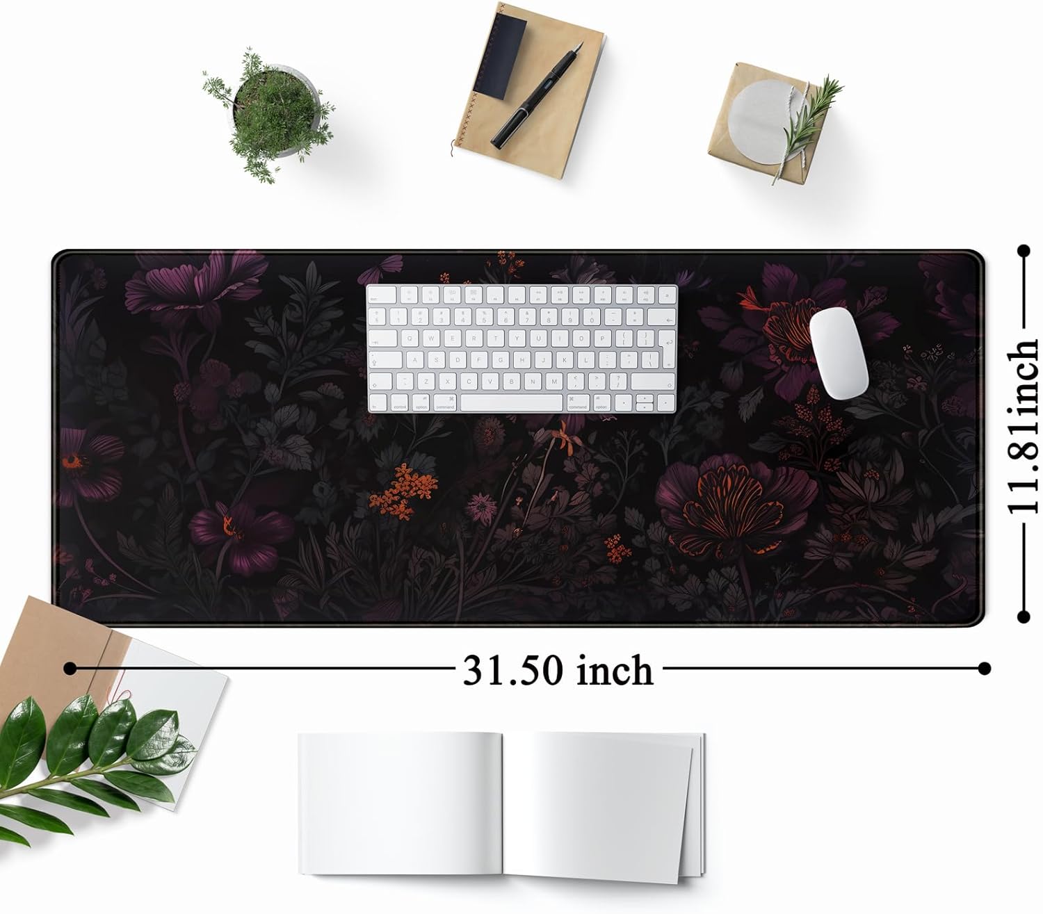 Dark Cottagecore Desk Mat Black Purple Flower XL Mouse Pad Large Gaming Mousepad Extended Vintage Aesthetic Desk Pad Keyboard Mouse Mat 31.5 x 11.8 in for Work Game Office Decor - Image 2