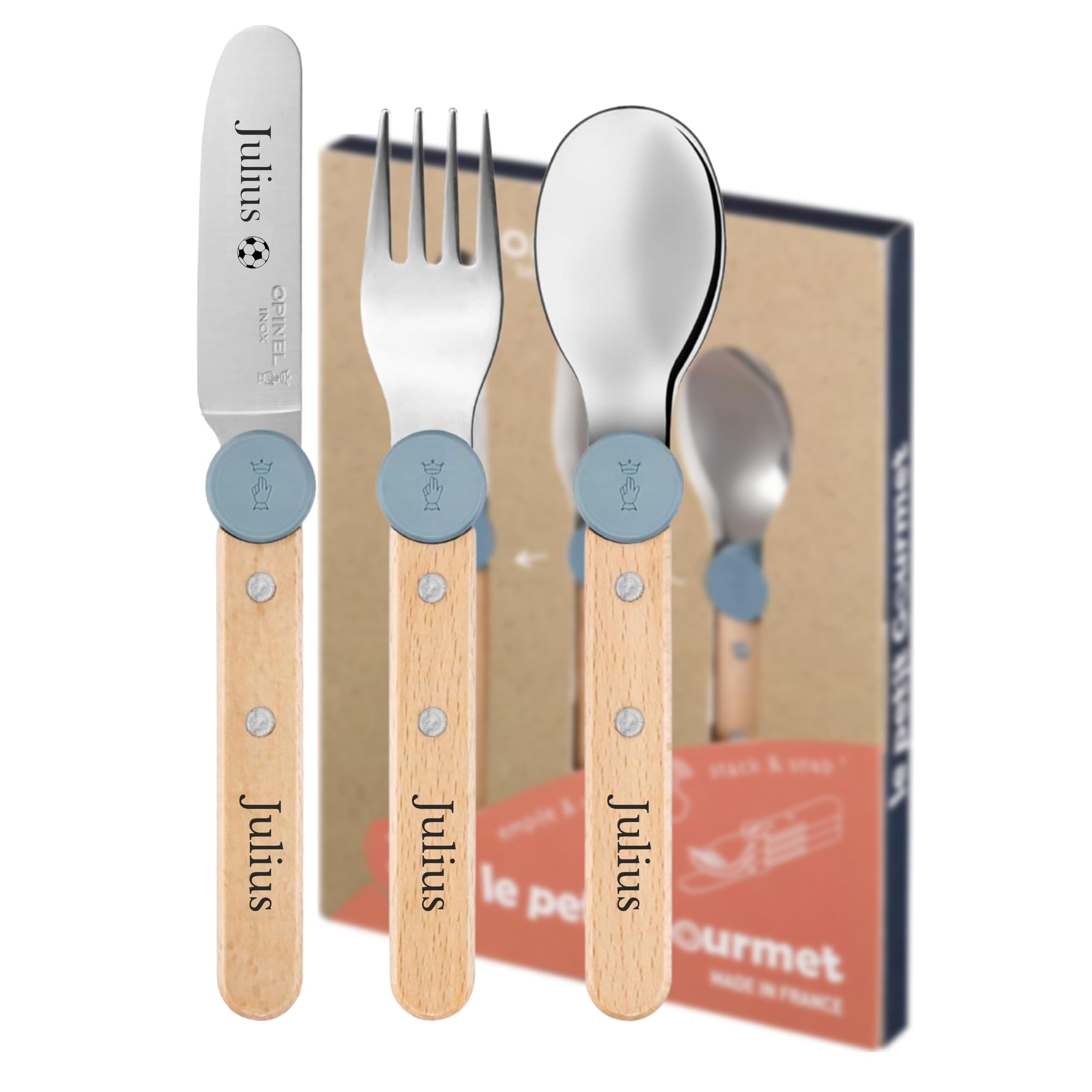 OPINEL Le Petit Gourmet Set de Couverts pour Enfants – Personnalisable avec Gravure – 4 pièces en Acier Inoxydable, idée Cadeau pour Naissance, baptême ou Anniversaire (Bleu Pluie)