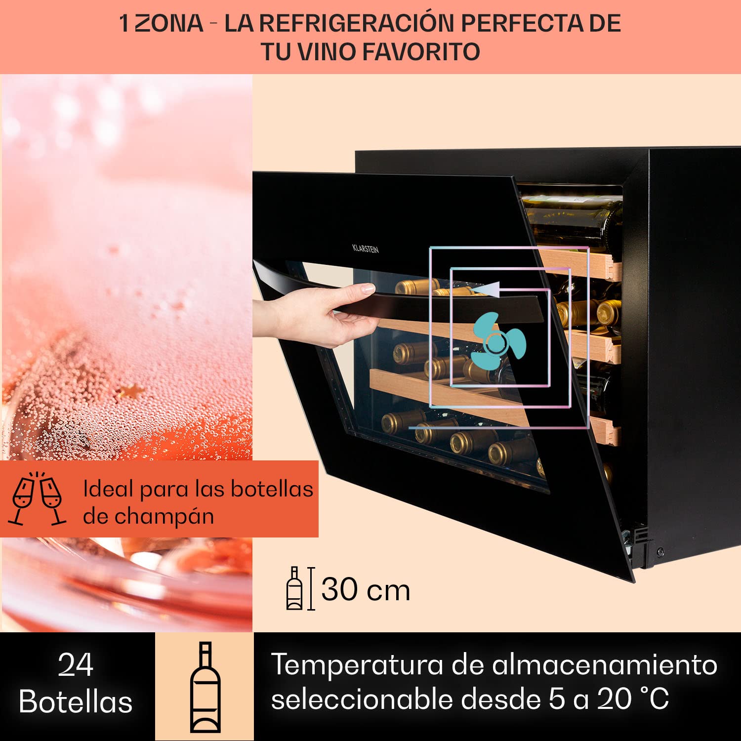 KLARSTEIN Vinoteca para Vinos de 51L Nevera Vino Una Zona, Botellas Vino, Proseco y Cervezas, Vinoteca Pequeña Puerta Cristal para Interior y Exterior, Nevera para Vinos Capacidad 24 Botellas