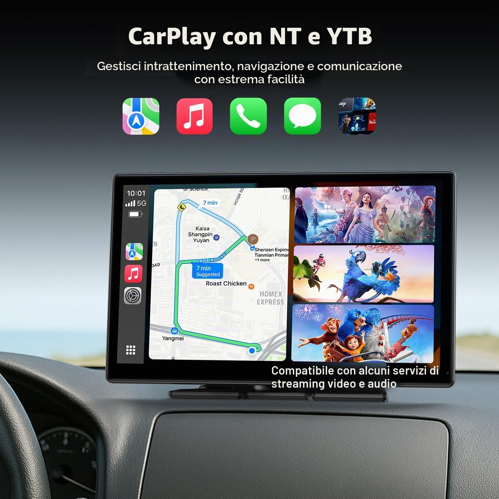 Volam schermo per auto carplay,con A-pple CarPlay e Android Auto,9" schermo,schermo carplay auto Net-flix YouTube,Telecamera Posteriore Navigazione Aggiornamento Siri/G00gle voice,iOS 10+ Android 11+