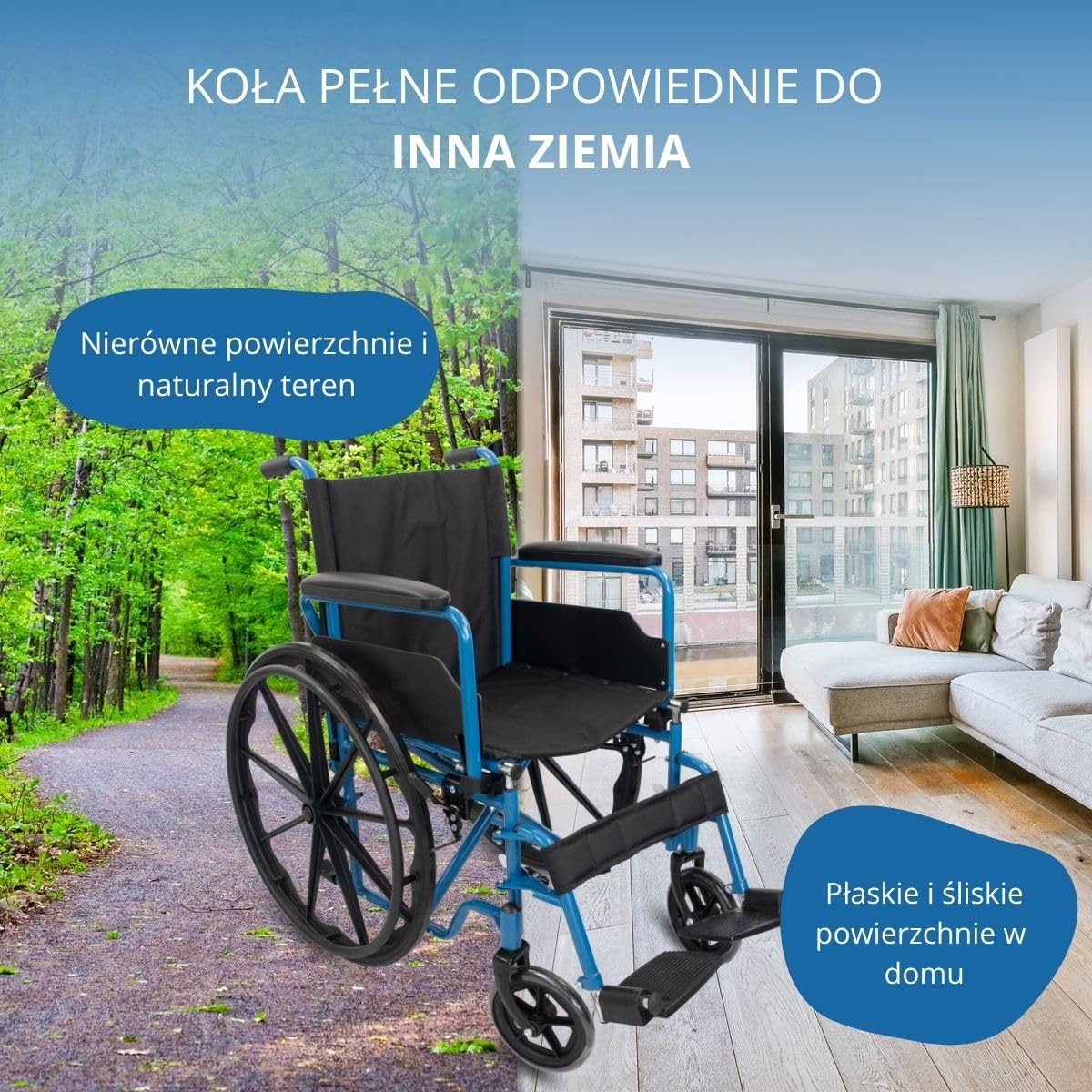 Mobiclinic®, Składany wózek inwalidzki, Marsella, Kółka z możliwością szybkiego zwolnienia po naciśęciu przycisku, Stabilny, Siedzisko 46 cm, Dźwignia hamulca, Niebieski