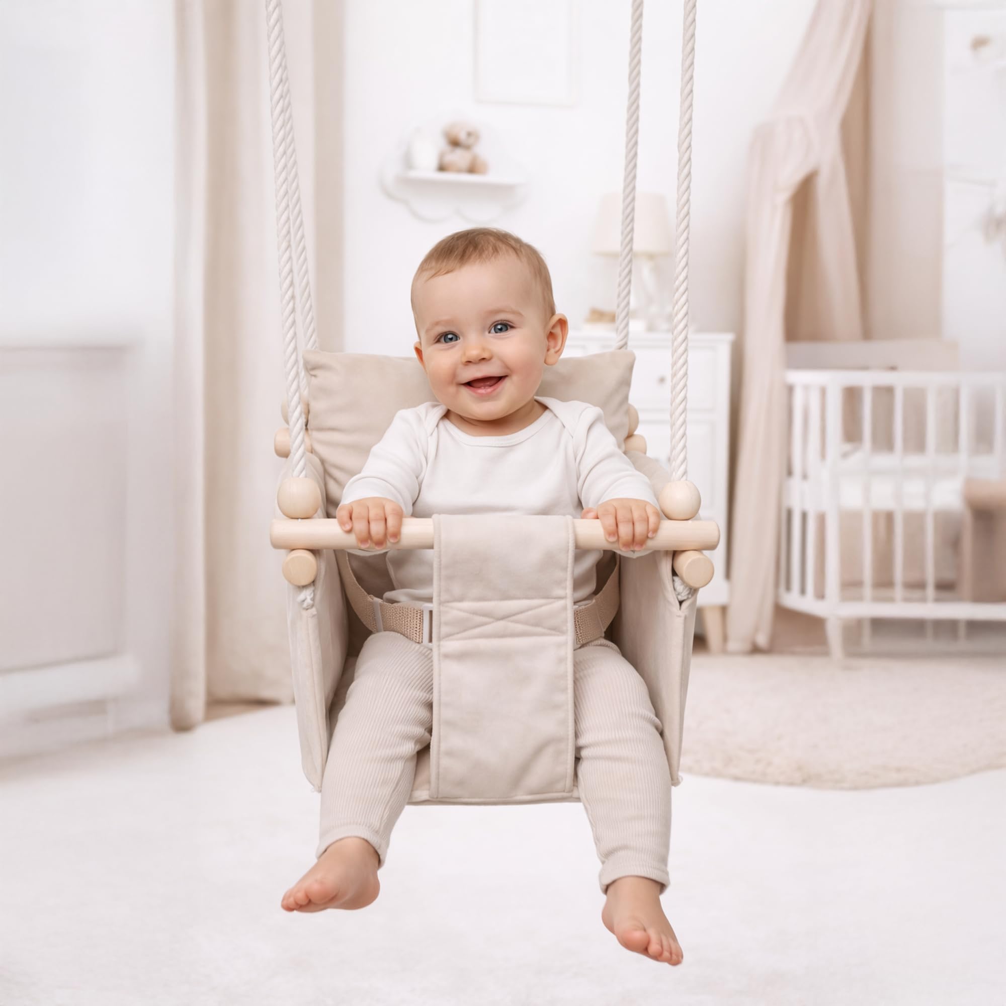 MAMOI Kinderschaukel mit Sicherheitsgurt, höhenverstellbar 150–190 cm, Schaukel für den Innenbereich, stabile Konstruktion, Velours-Sitz, einfache Montage, Innenschaukel für Kinder