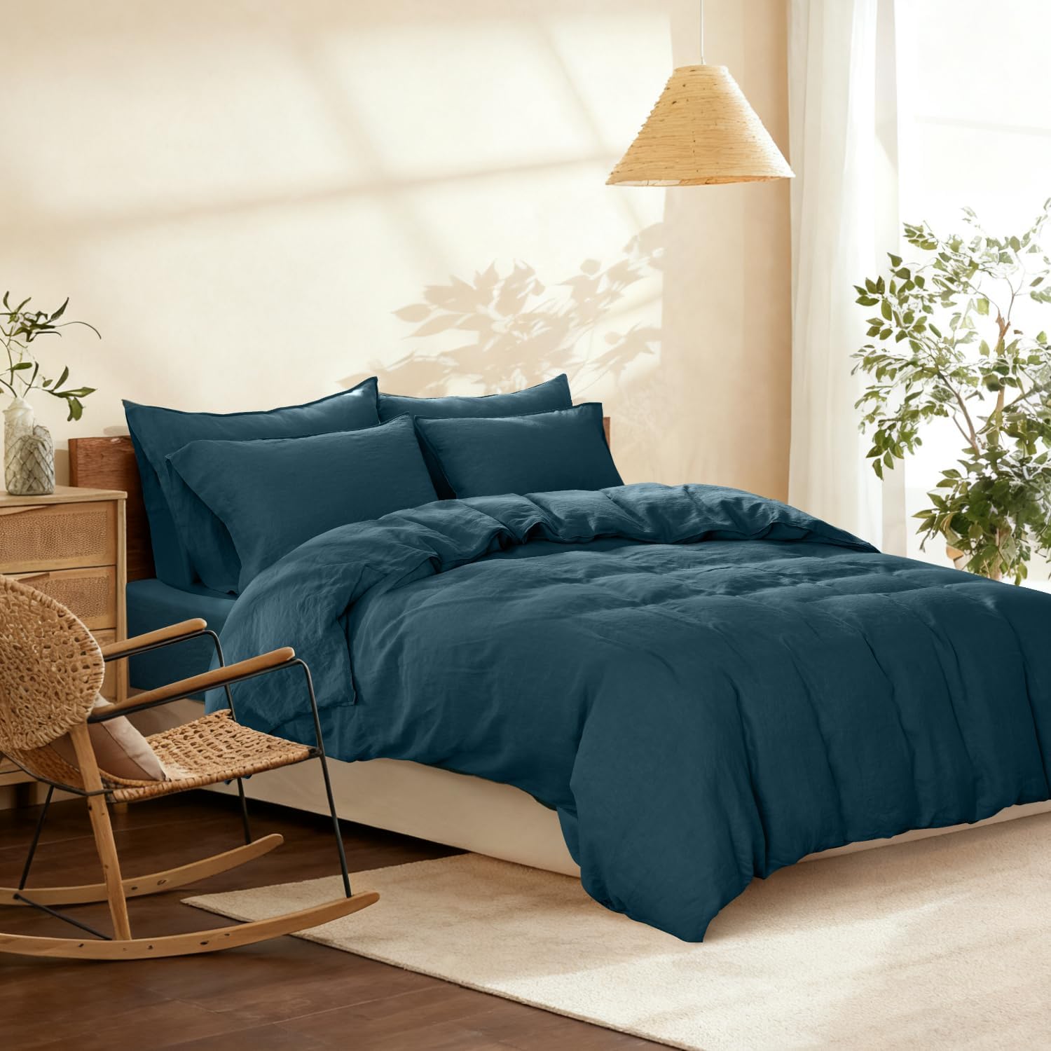 S VICTORY SYMBOL 100% Organic Linen Duvet Cover Set 3PCS Queen Size,Stone Washed French Flax Bedding,1 Comforter Cover and 2 Pillowcases Solid Color Bedding Set(Sea Blue)