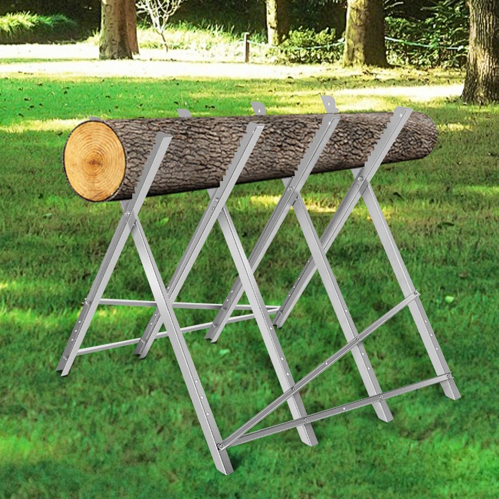 homewell Chevalet de Sciage en Acier, Couper le Bois, Pliable, Cadre de Scie de Jardin Chevalet de Tronçonneuse Support de Scie à Main Capacité de Charge Jusqu'à 150kg (4 Colonnes)