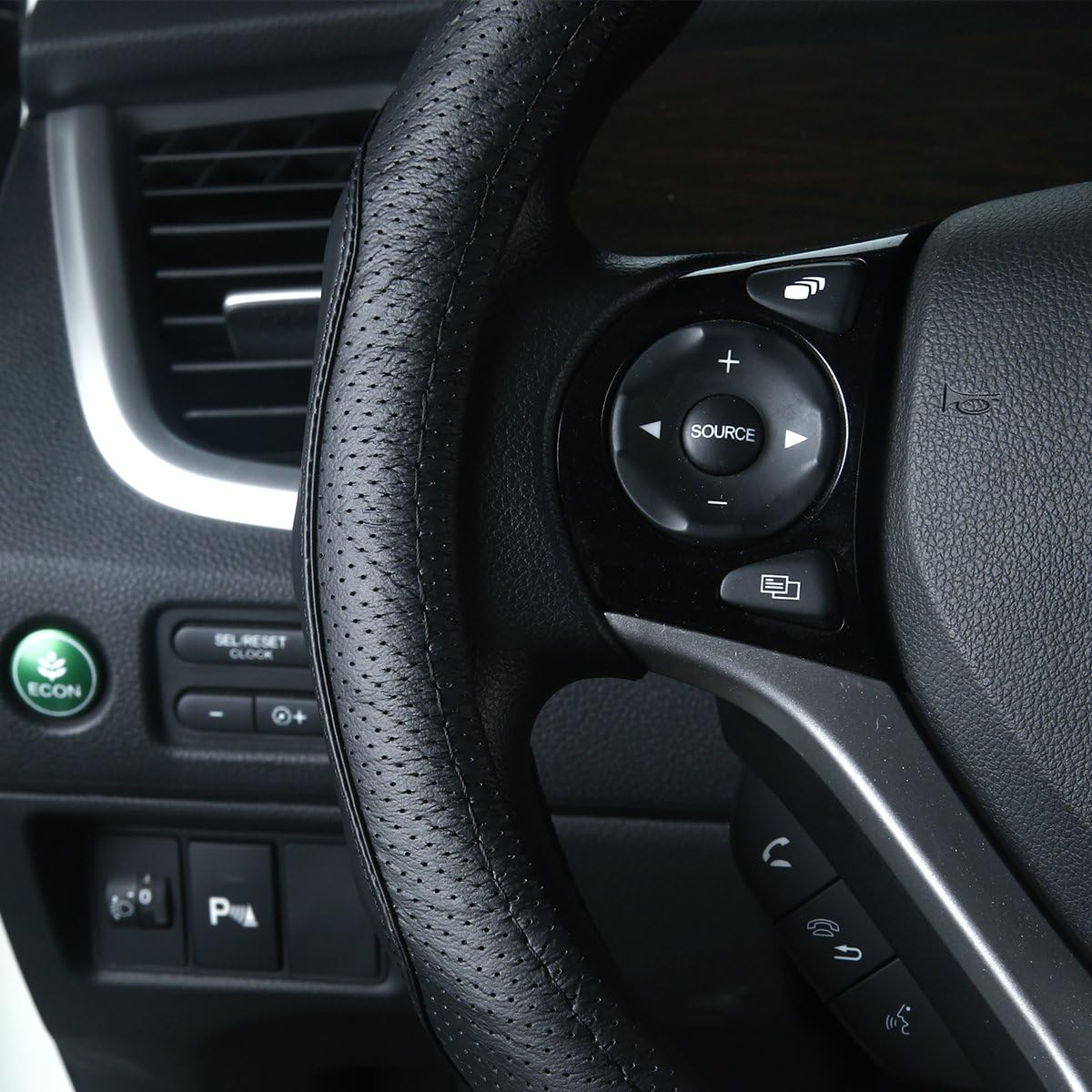 QianBao Genuine Leather Car Steering Wheel Cover Black for 13.5 to 14.2 inches Steering Wheels, Sweat Absorbent (Black)