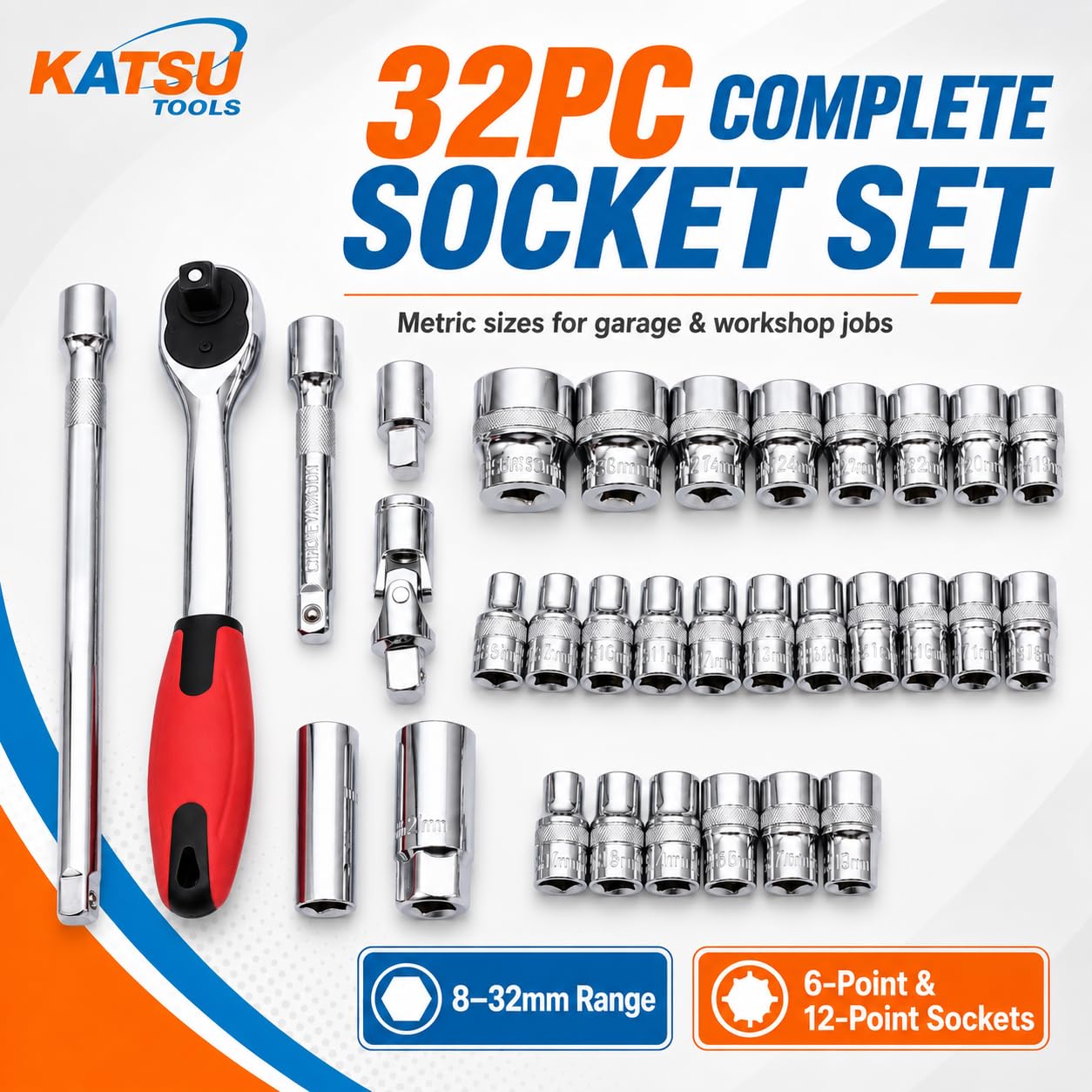 KATSU Set di Chiavi a Bussola 1/2" 32 Pezzi, Unità Metrica da 8-32mm con Chiave a Cricchetto a Sgancio Rapido a 72 denti e Barra di Prolunga, Strumento di Riparazione Automatica 420347