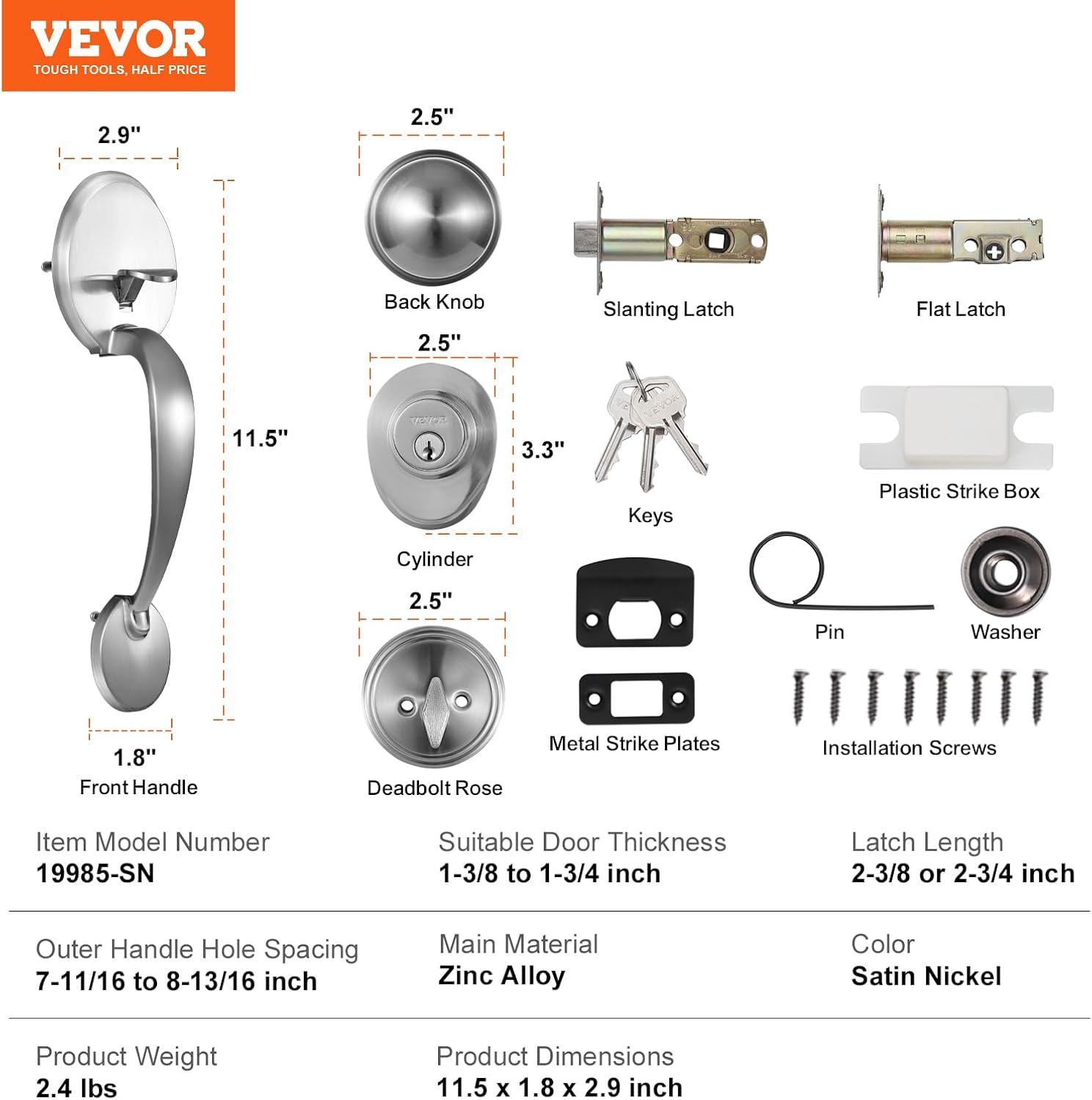 VEVOR Front Door Handle and Deadbolt Set, Satin Nickel Front Door Lock Set with Interior Knob, Adjustable Hole Spacing Single Cylinder Handleset, for Right and Left Handed Entrance and Front Door