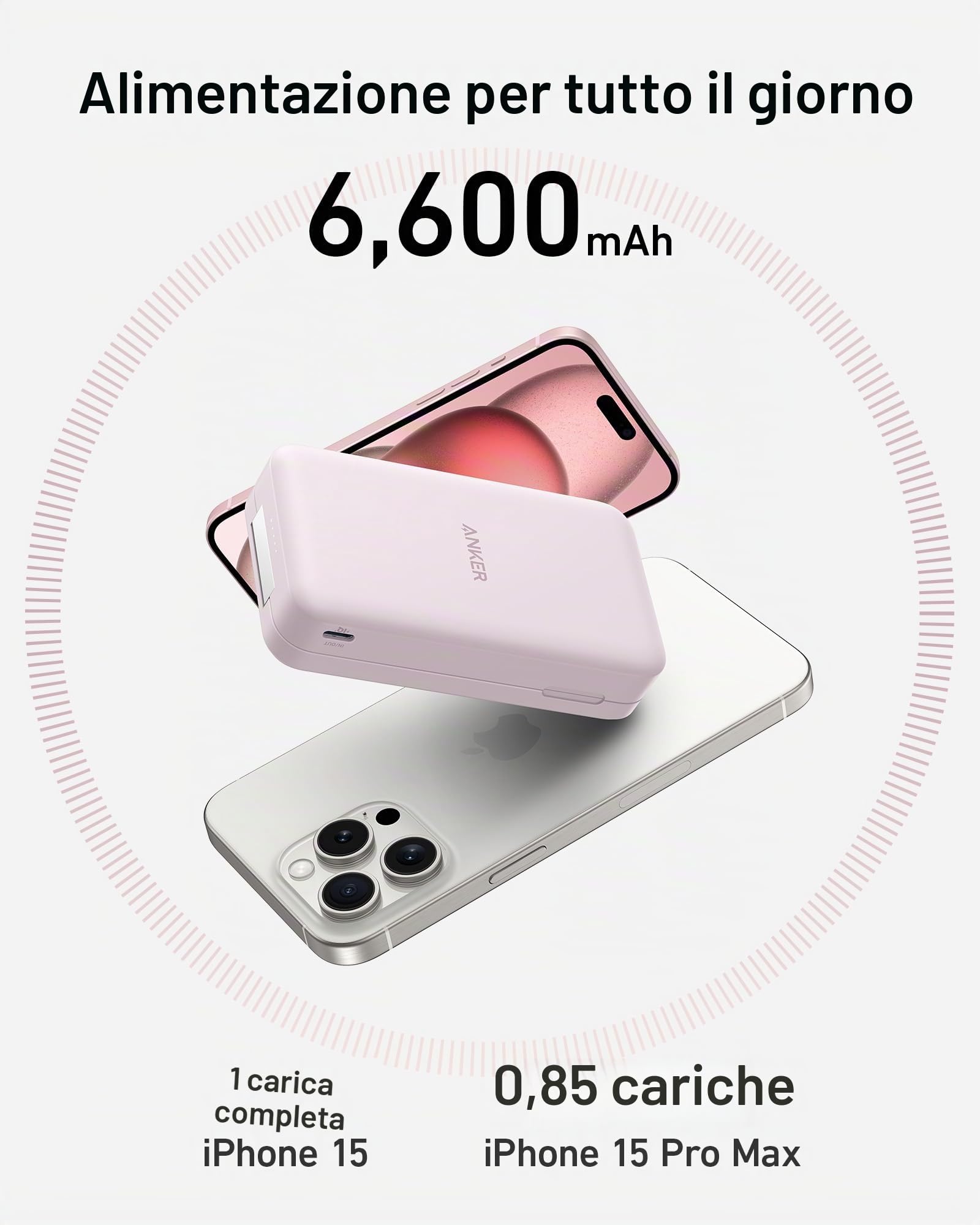 ANKER Power Bank, caricabatterie portatile certificato da 15 W ultra veloce compatibile con MagSafe, batteria da 6.600 mAh con supporto regolabile e pieghevole, per iPhone serie 15/14/13 (cavo USB-C