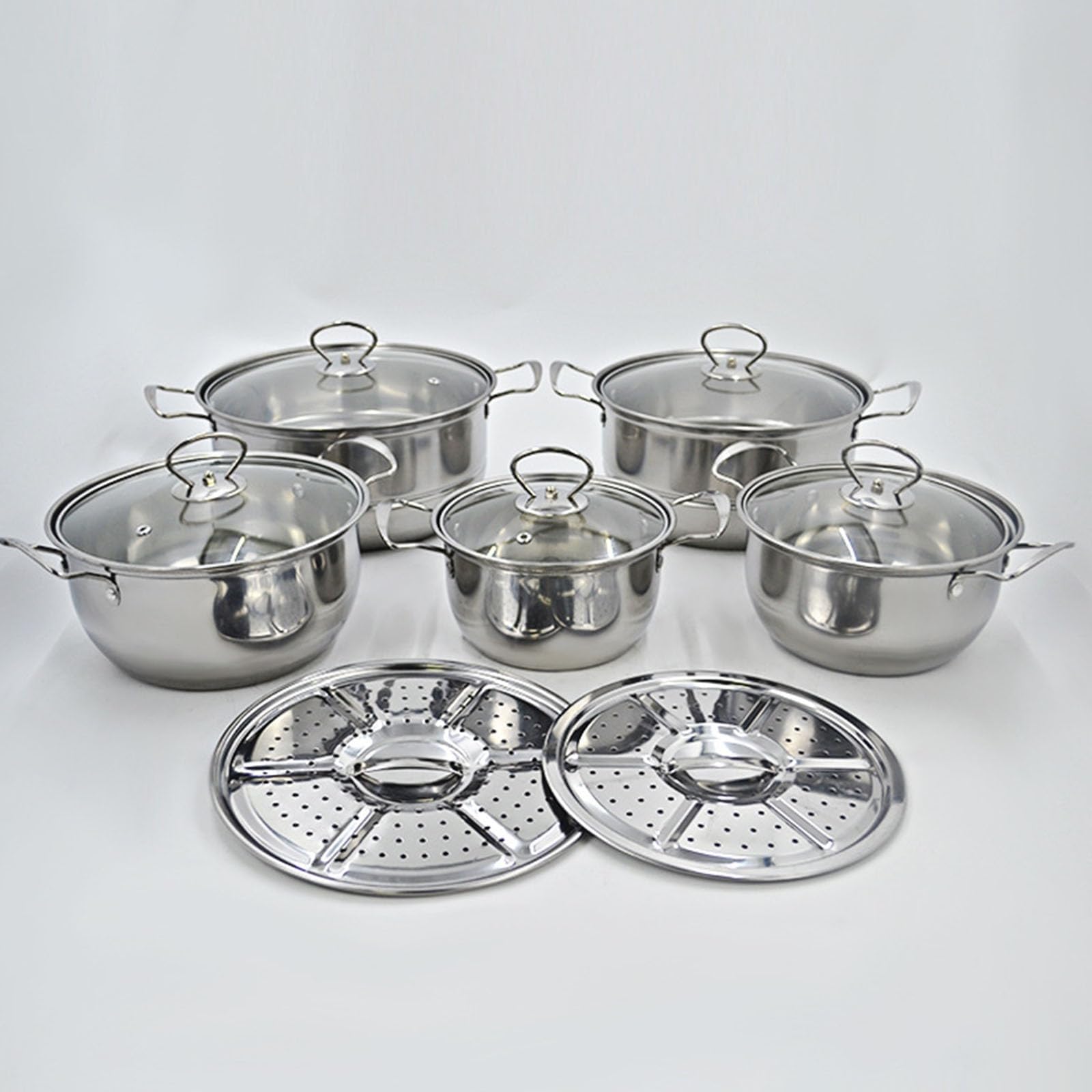 Edelstahl Kochgeschirr-Set, 5-teiliges Suppentopf mit Glasdeckel und Dampfschalen, kompatibel mit Gas- und Induktionsherden