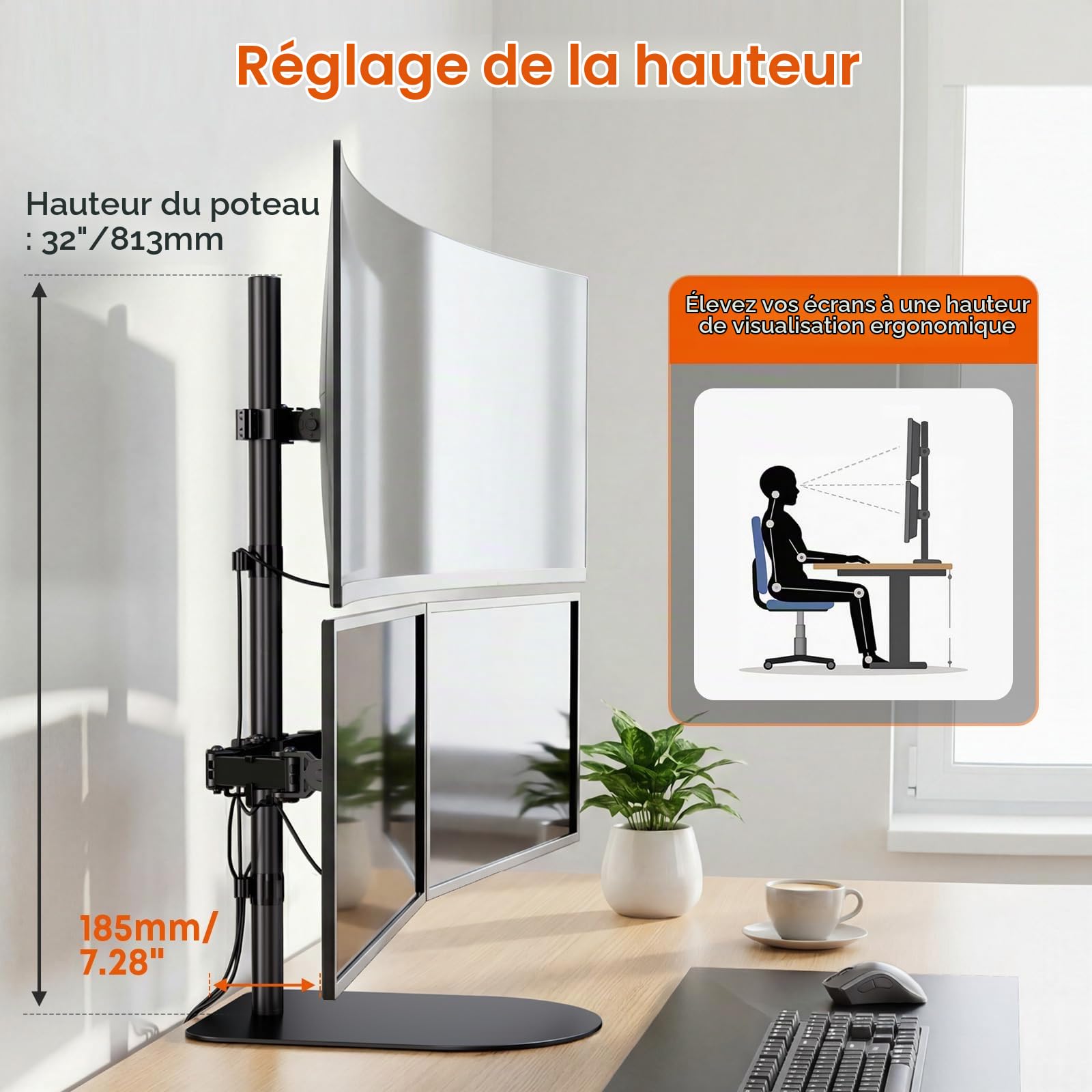 Support Triple écran 49/32 Pouces, VESA 75/100, 20kg